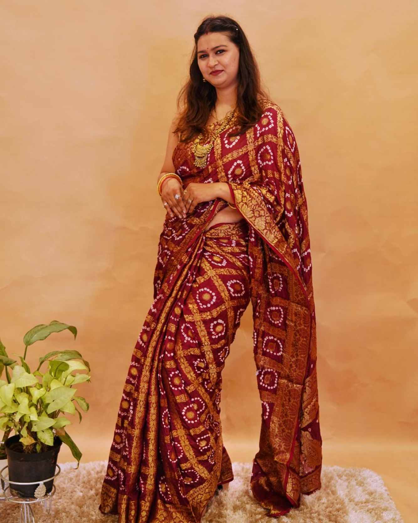 Maroon Bandhej Gharchola With Heavy Zari Work Over All Bandhani Wrap in 1 minute saree