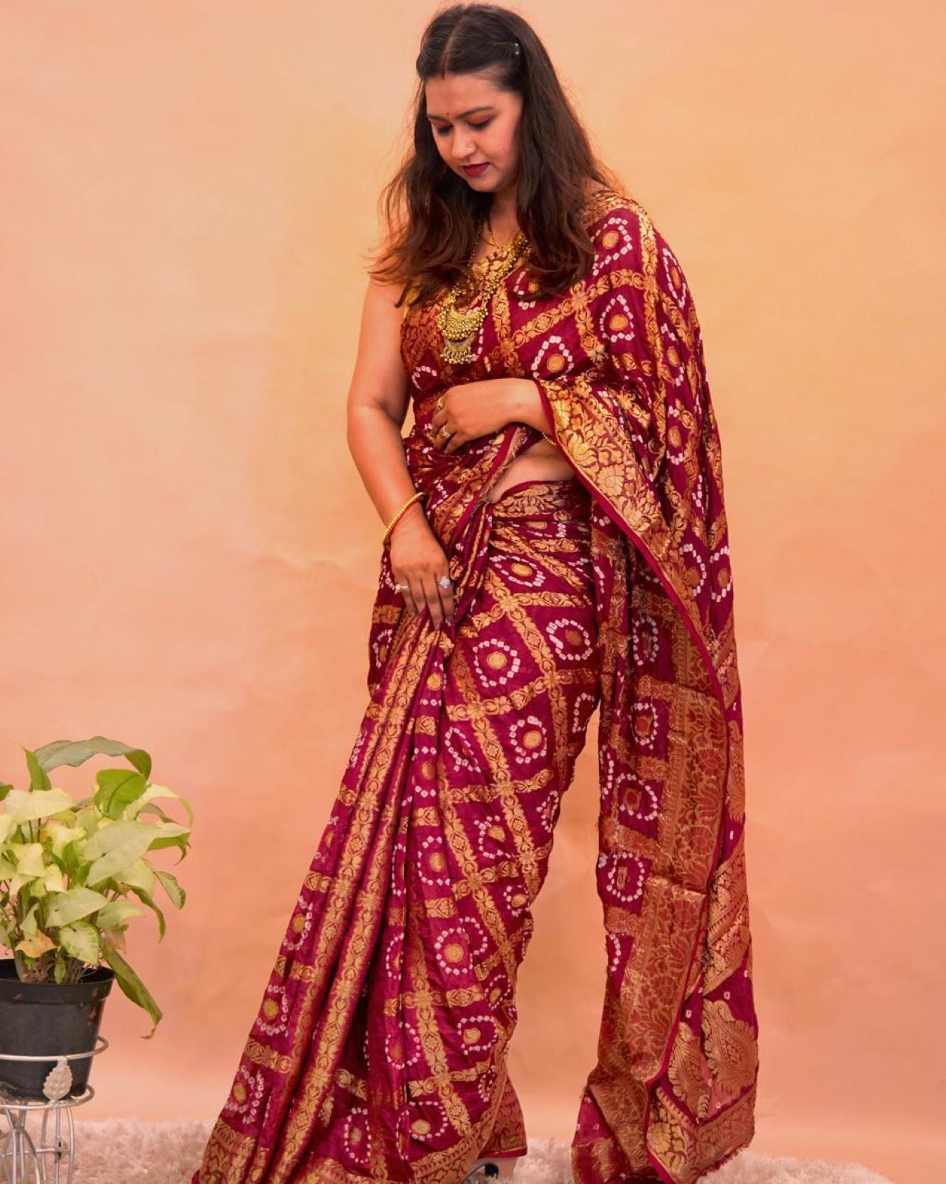 Maroon Bandhej Gharchola With Heavy Zari Work Over All Bandhani Wrap in 1 minute saree