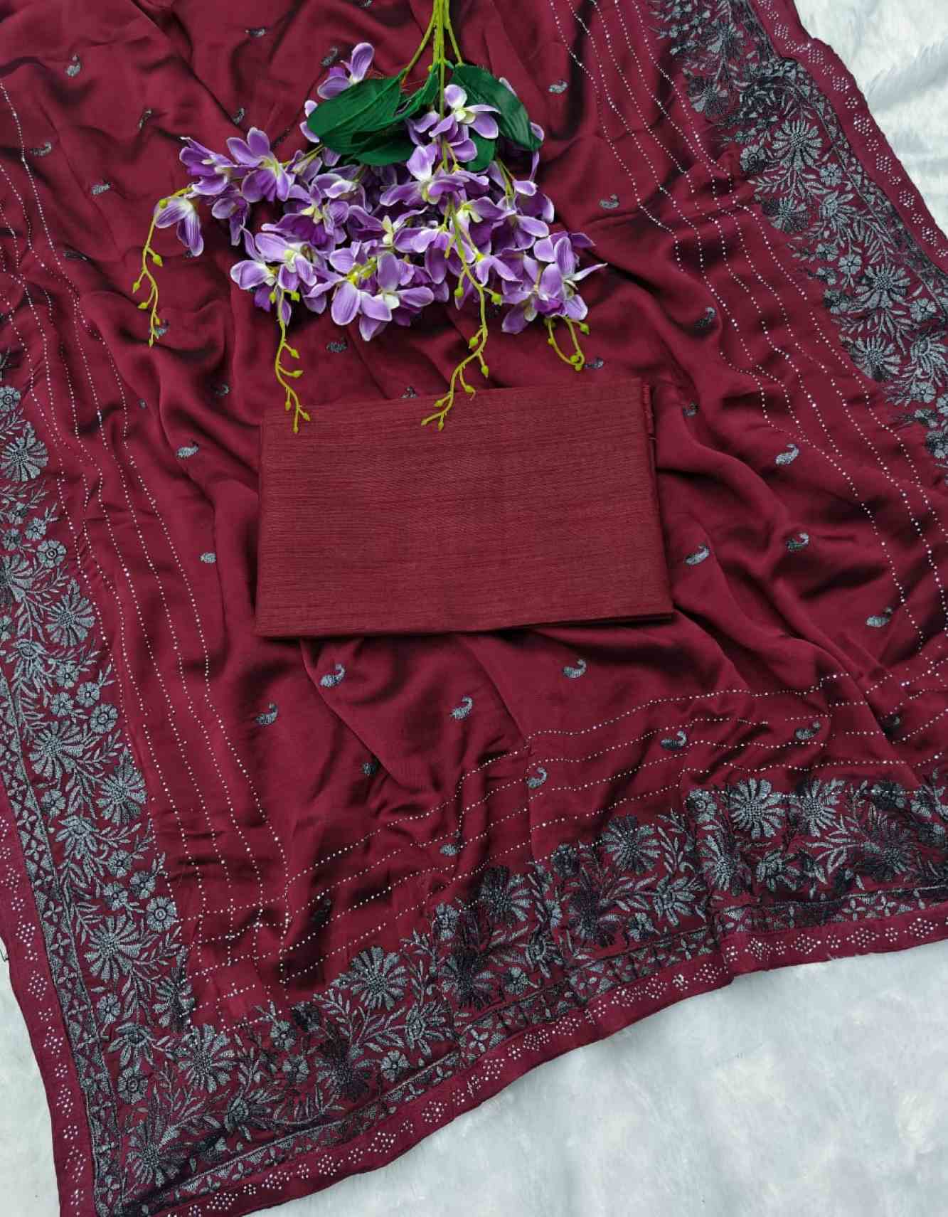 Maroon Soft Silk With Stone Grey Zari Work Embellished Wrap In One Minute Saree