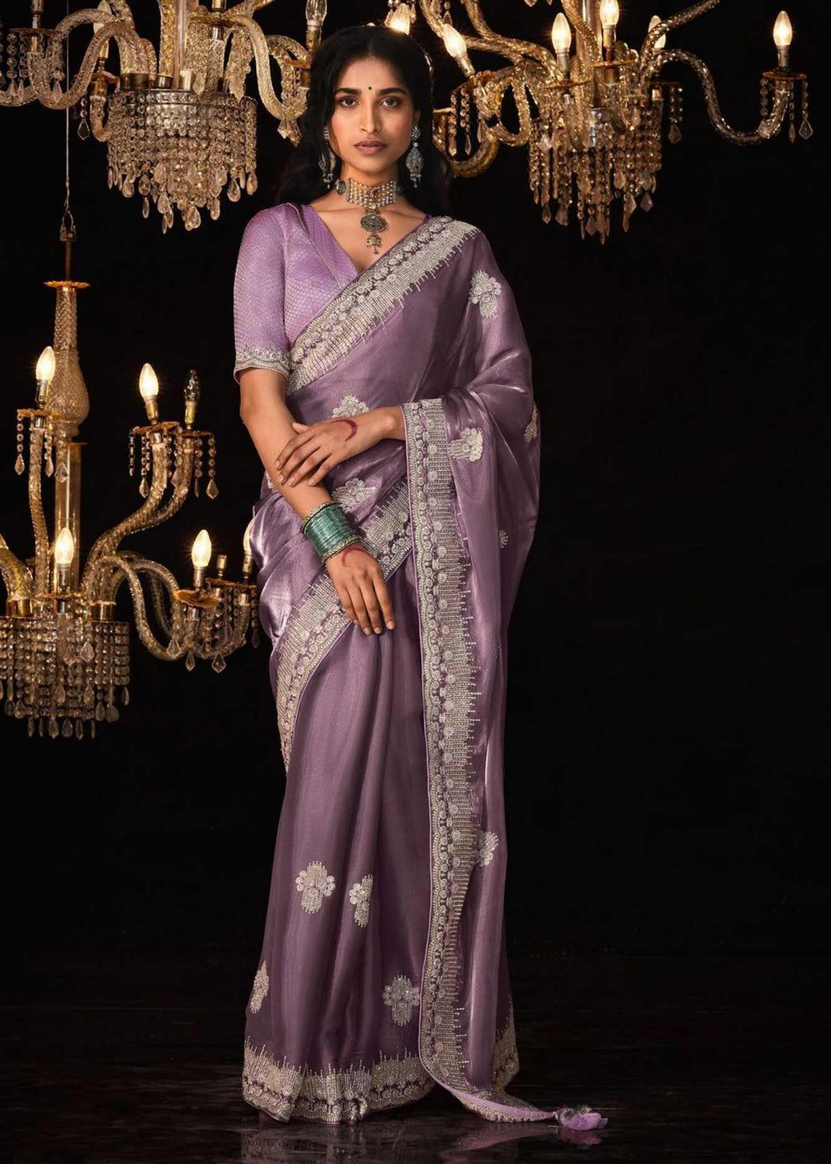 Lavender Fancy Organza Silk Zari Embroidered Sequins With Bridal Saree