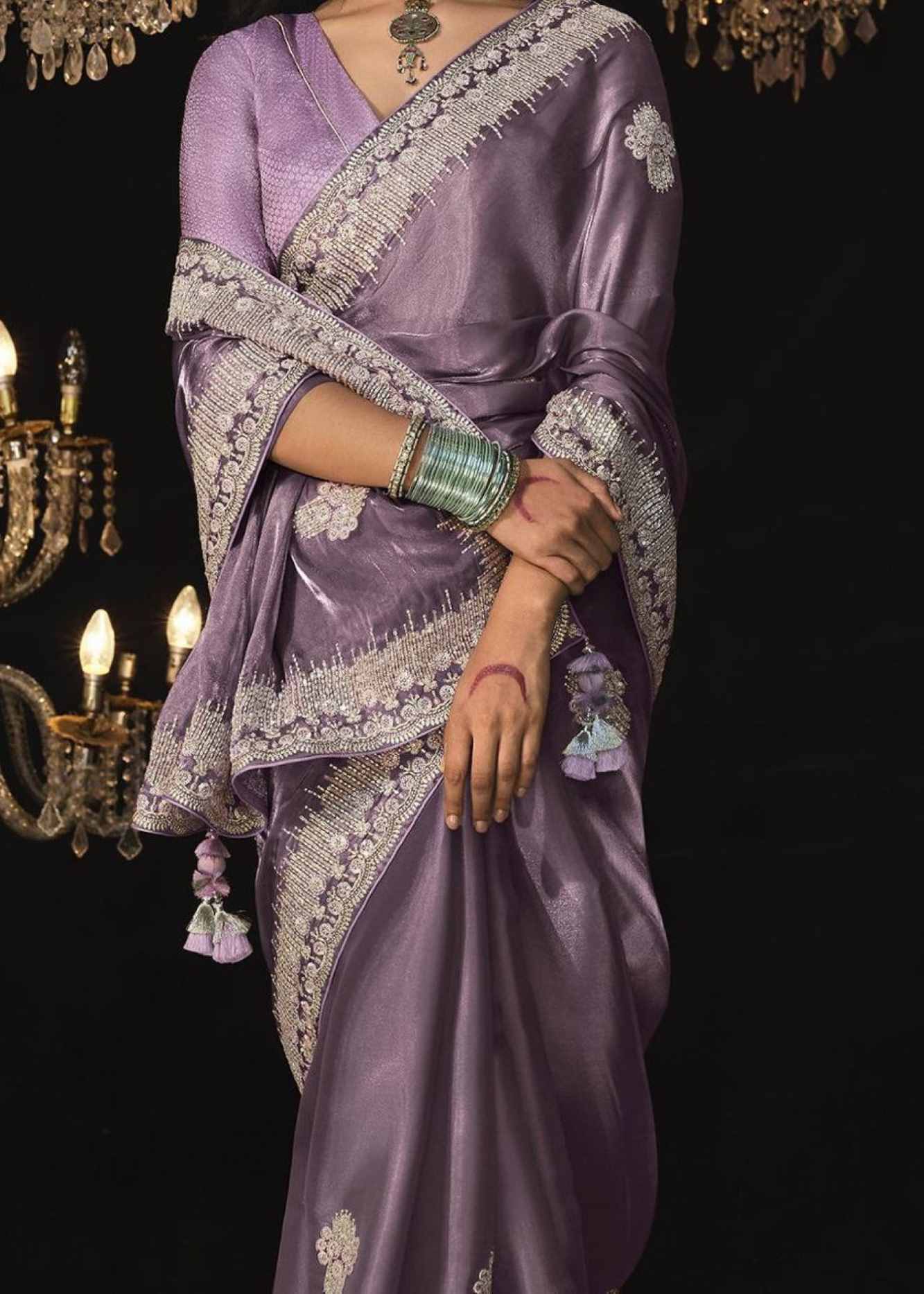 Lavender Traditional Sequin & Zari Embroidered With Pure Crystal Silk Jimmy Choo Wrap in 1 minute saree