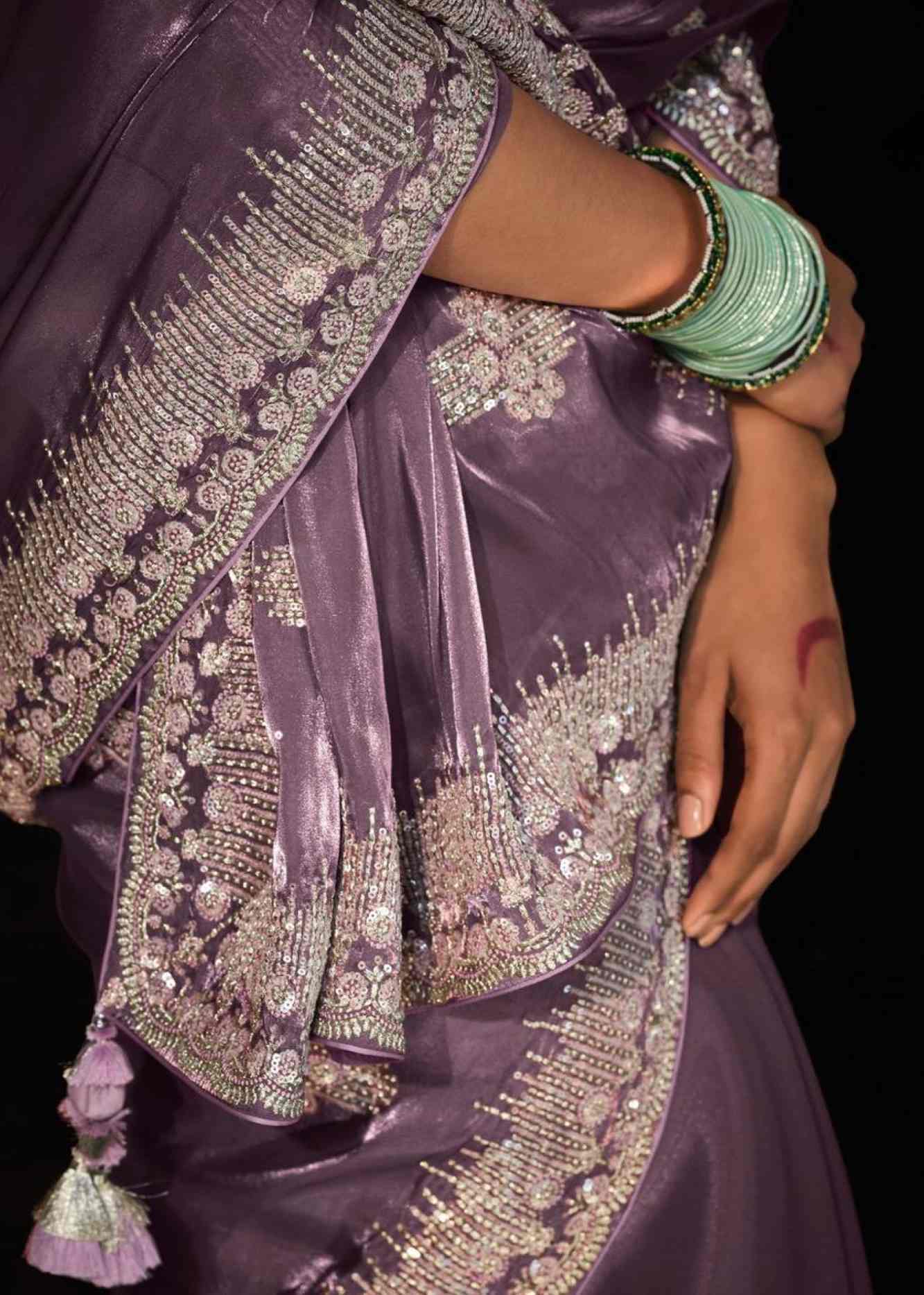 Lavender Traditional Sequin & Zari Embroidered With Pure Crystal Silk Jimmy Choo Wrap in 1 minute saree