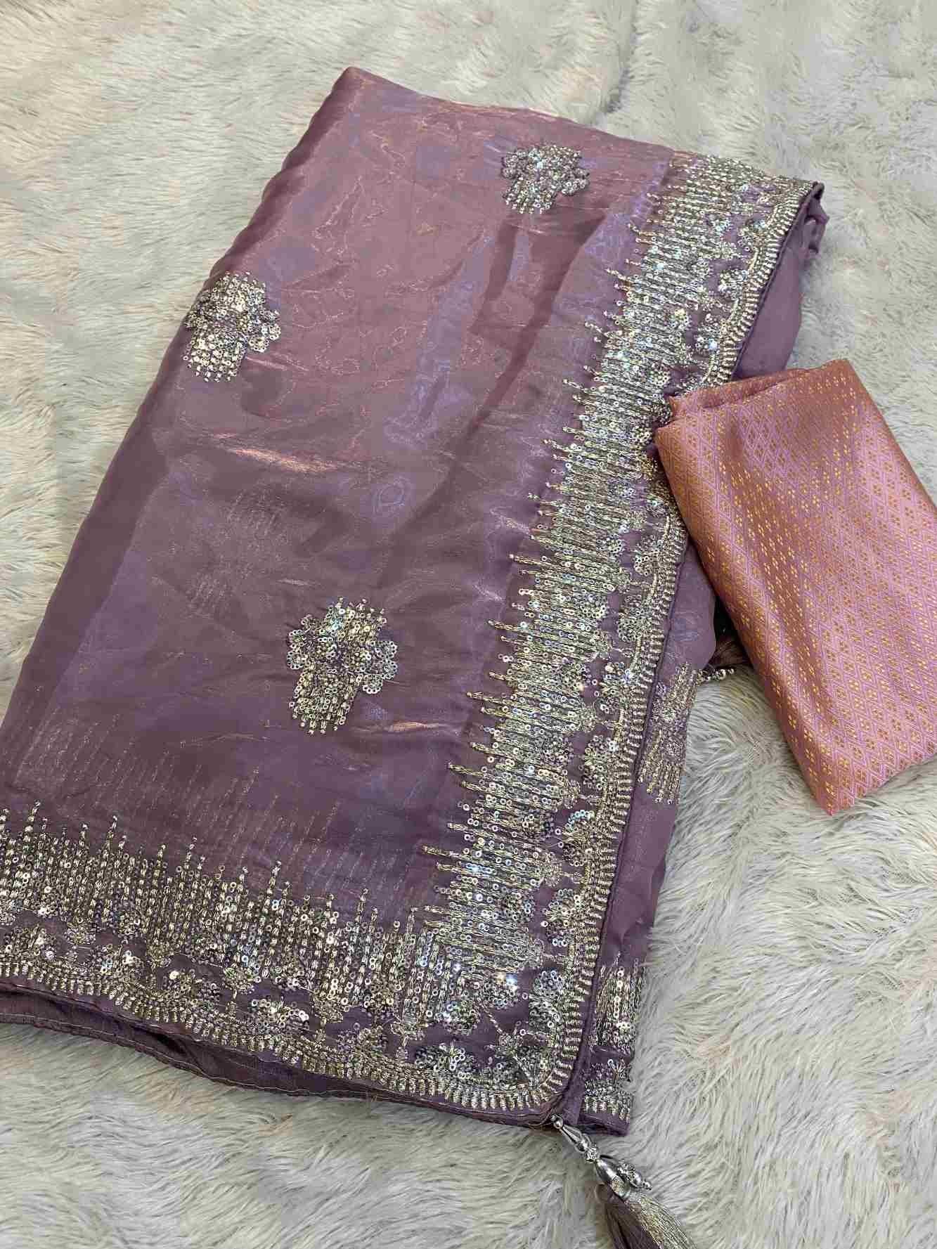 Lavender Traditional Sequin & Zari Embroidered With Pure Crystal Silk Jimmy Choo Wrap in 1 minute saree