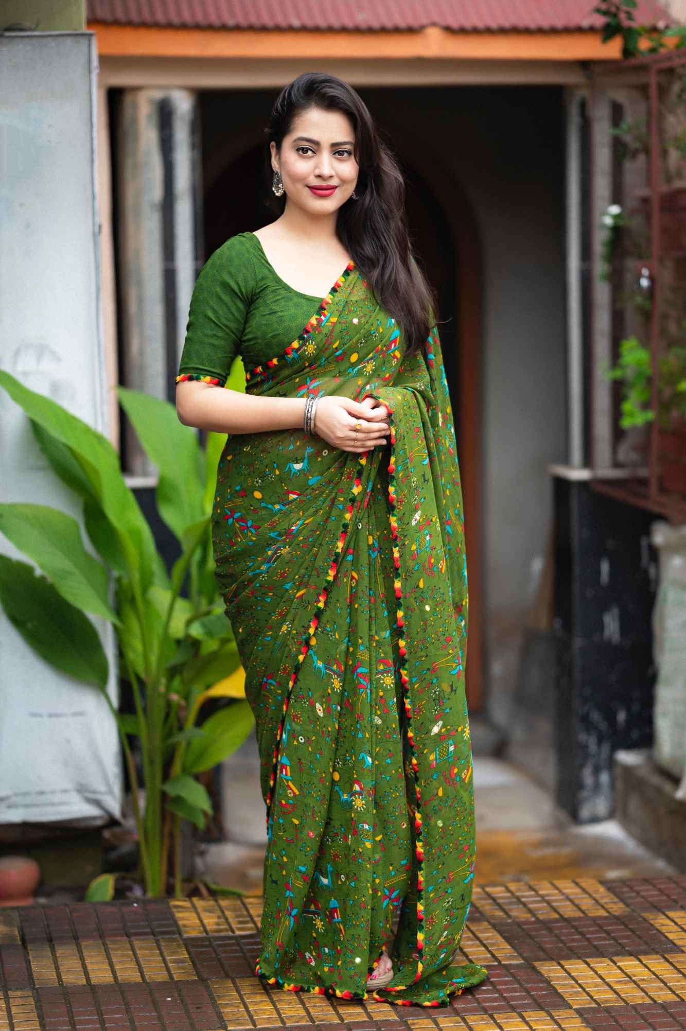 Rich Green Georgette Artistic Printed  With Thread Aari work Border Wrap in 1 minute saree