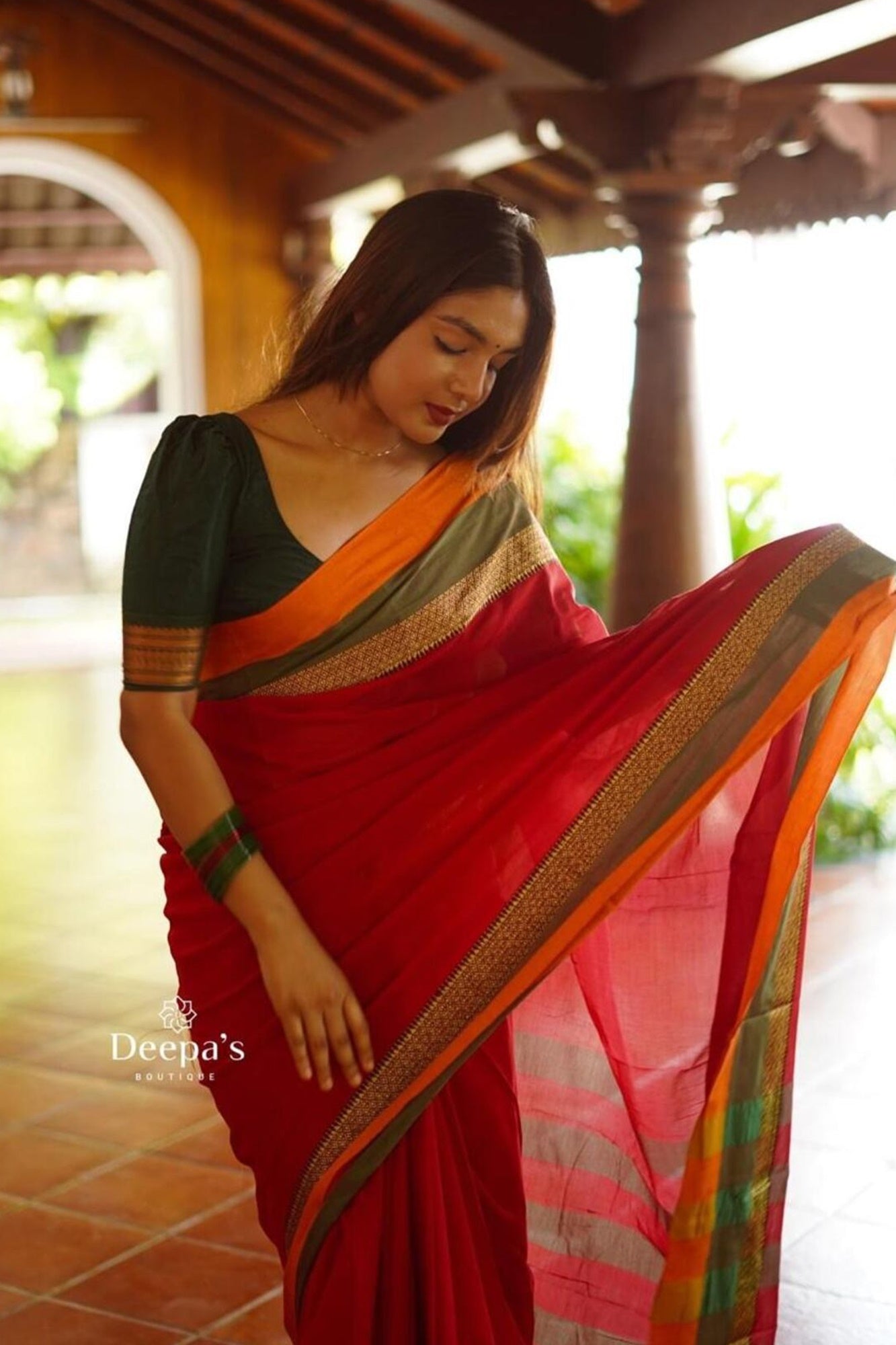 Traditional Handloom Weave Pure Cotton With Contrast Temple Bordered Ready To Wear Saree