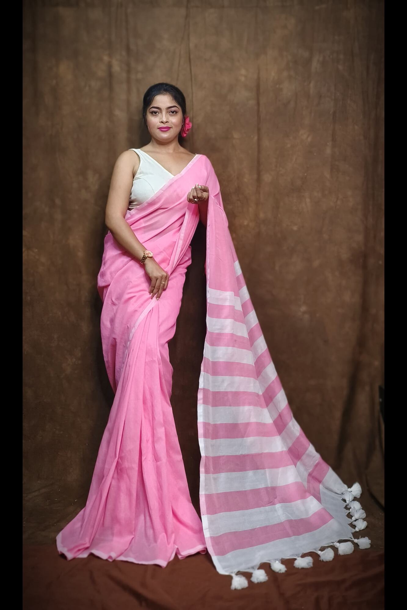 Beautiful Pink Pure Cotton With  Color And Tassel On Palla Ready To Wear Saree