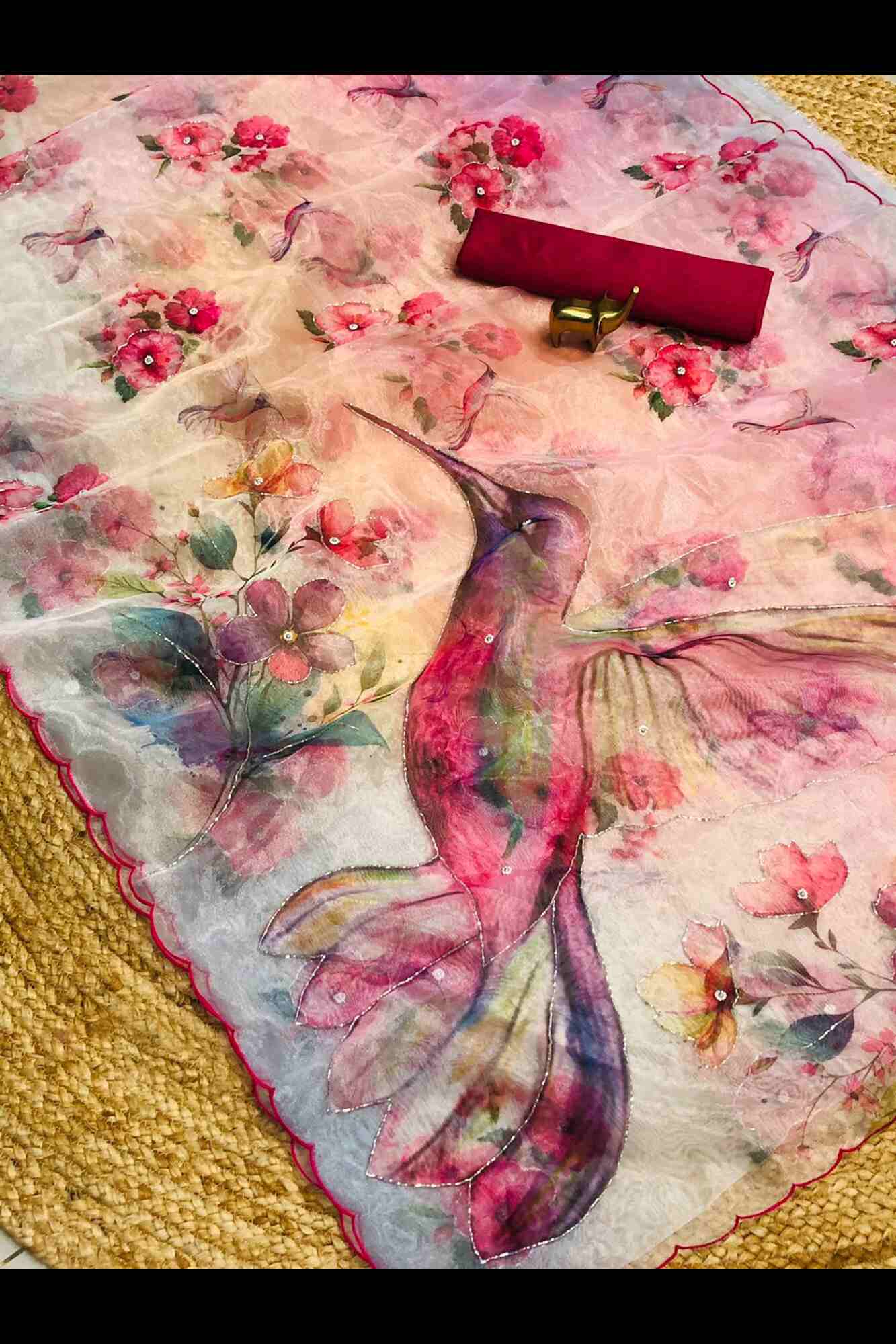Beautiful Artistic &  Pink Bird Printed With Scalloped Border And Sequin Embellished Ready To Wear Saree