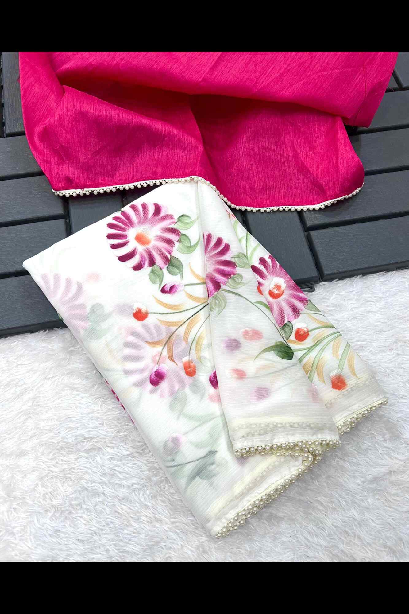 Beautiful Floral Handbrush Print  with White Moti Lace Wrap in 1 minute saree