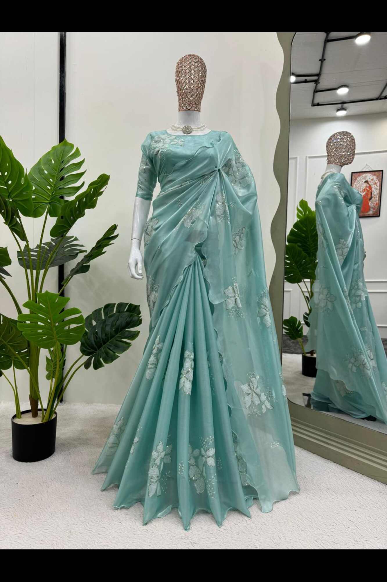 Stylish Sea Blue Jimmy Choo With Sequin Work And Scalloped Border Wrap in 1 minute saree
