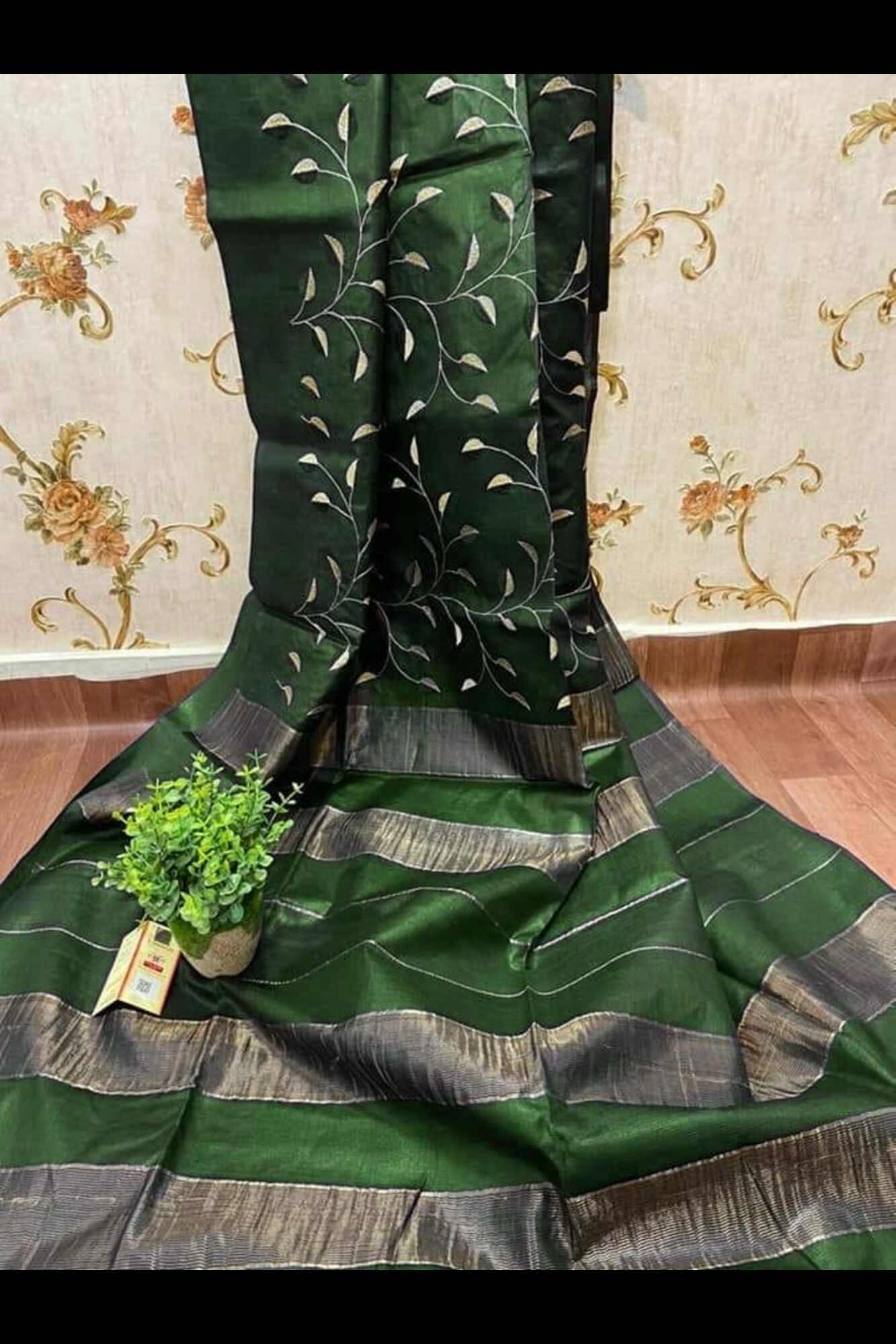 Beautiful Bottle Green Kota Silk Overall Embroidered With Zari Striped Palla Ready To Wear Saree