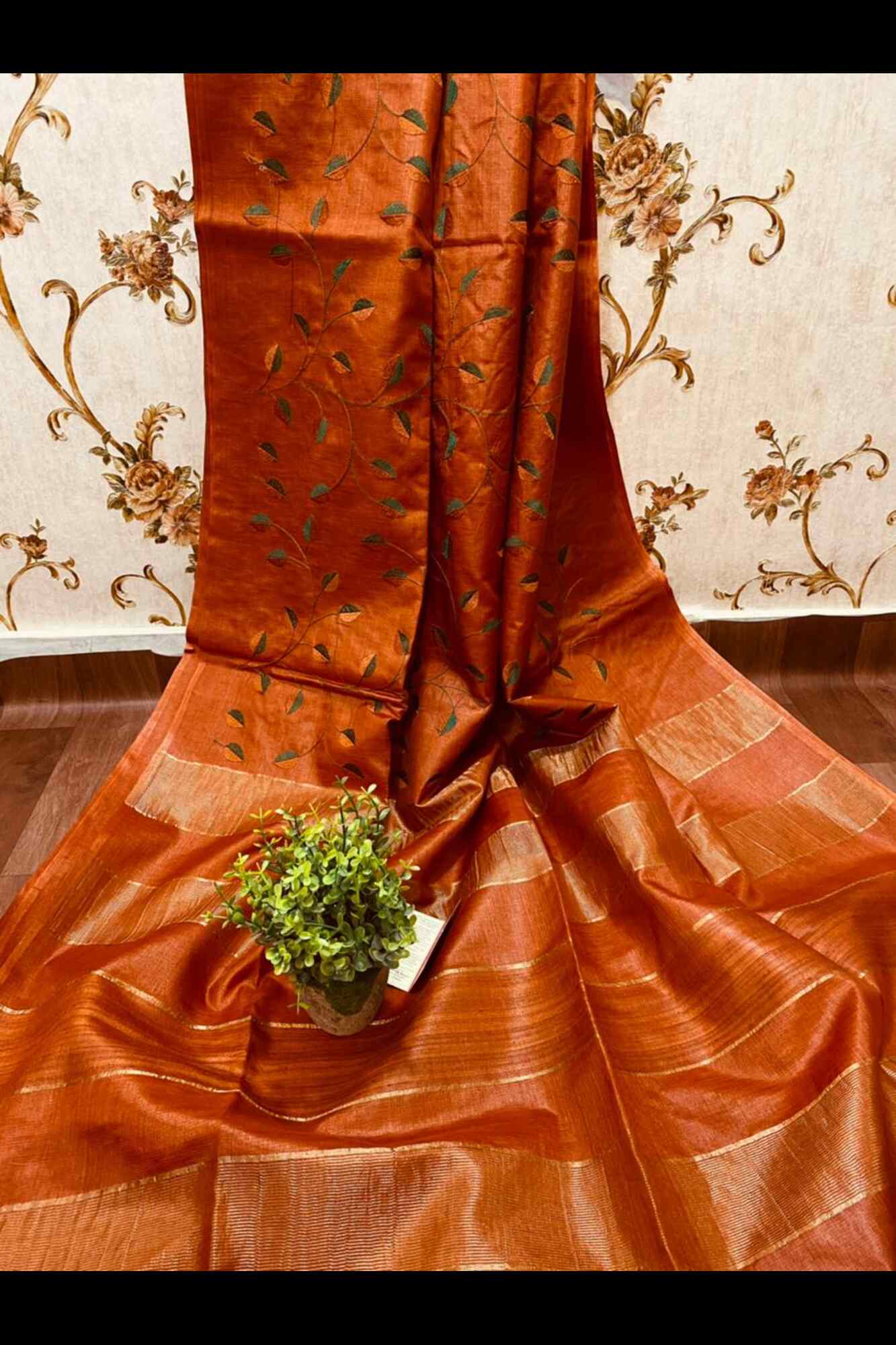 Beautiful Orange Kota Silk Overall Embroidered With Zari Striped Palla Ready To Wear Saree