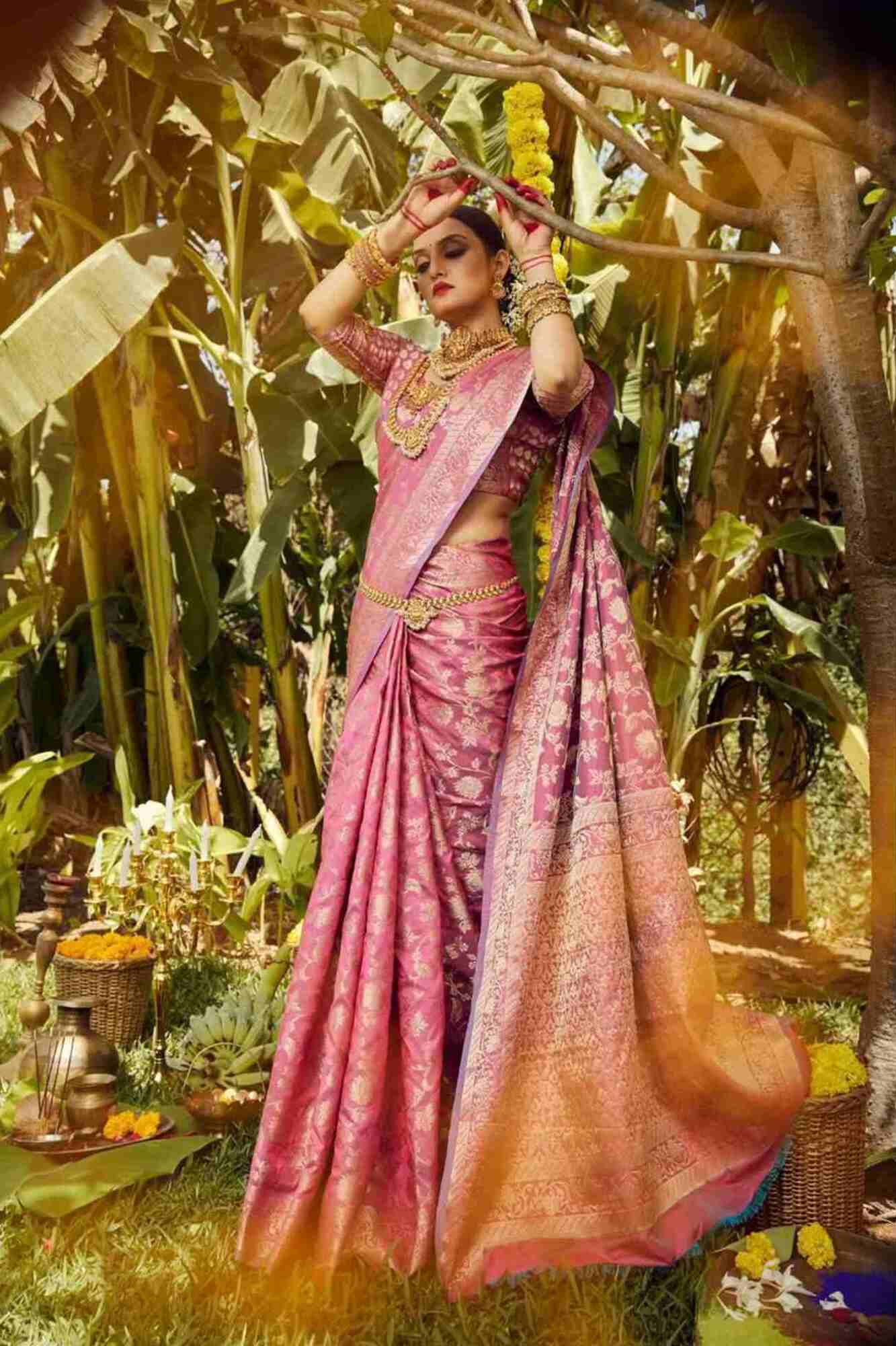 Rich Pink Soft Banarsi With Heavy Zari Jaal Woven & Ornate Pallu Ready To Wear Saree