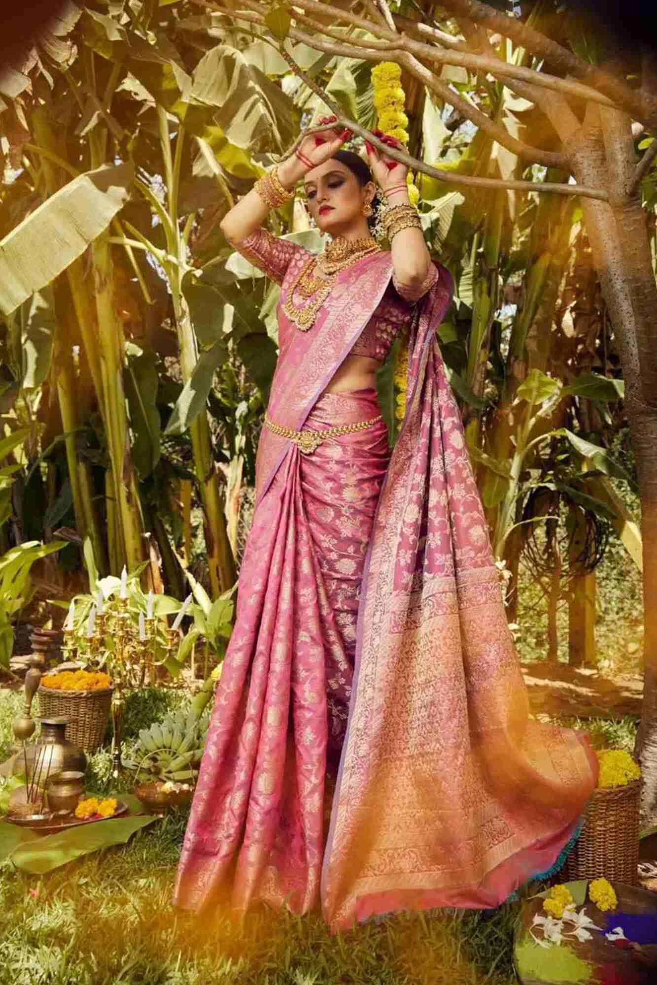 Rich Pink Soft Banarsi With Heavy Zari Jaal Woven & Ornate Pallu Ready To Wear Saree