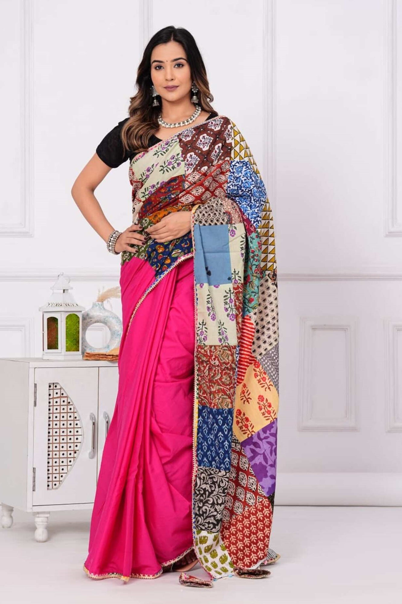 stylish Pink Vibrant Patch Work Saree With Styles Tassels on  Pallu  Pure Cotton Ready To Wear Saree
