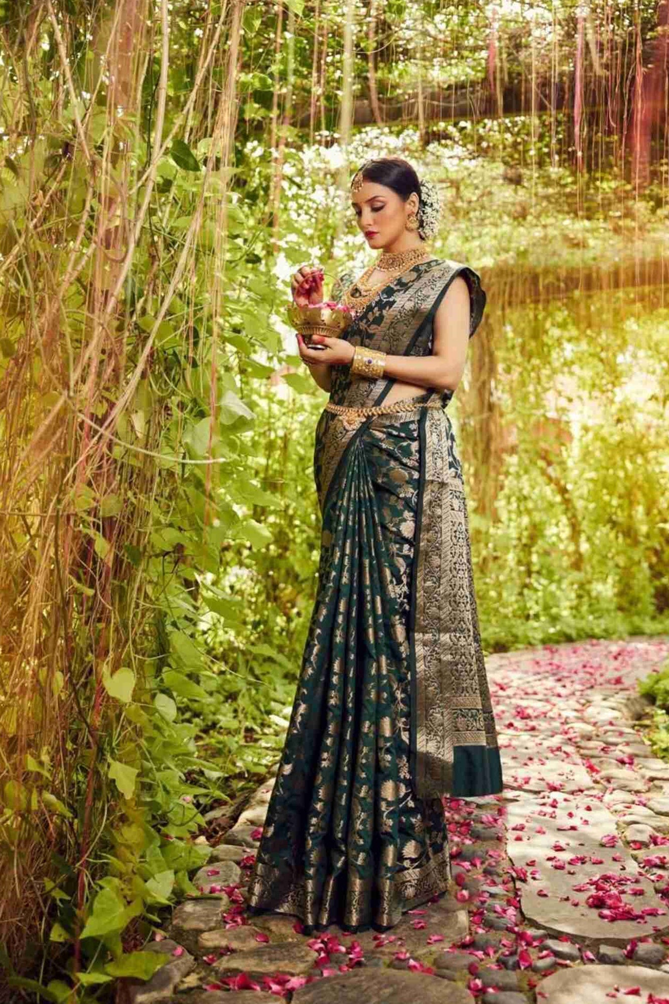 Rich Green Soft Banarsi With Heavy Zari Jaal Woven & Ornate Palla Ready To Wear Saree