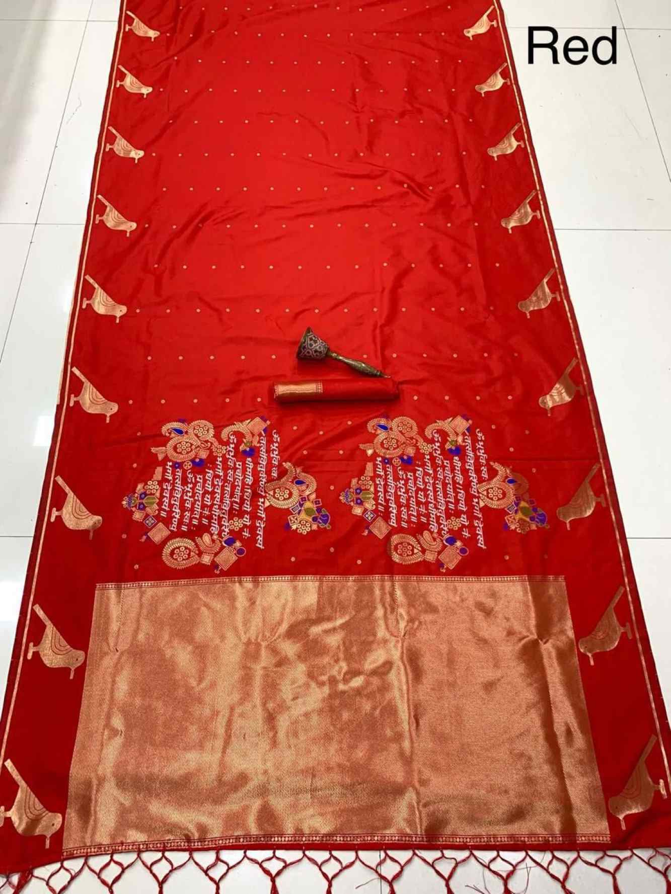 Nita Ambani inspired Kanchipuram With Golden Mina Zari Art & Gayatri Mantra Printed Palla Ready To Wear Saree