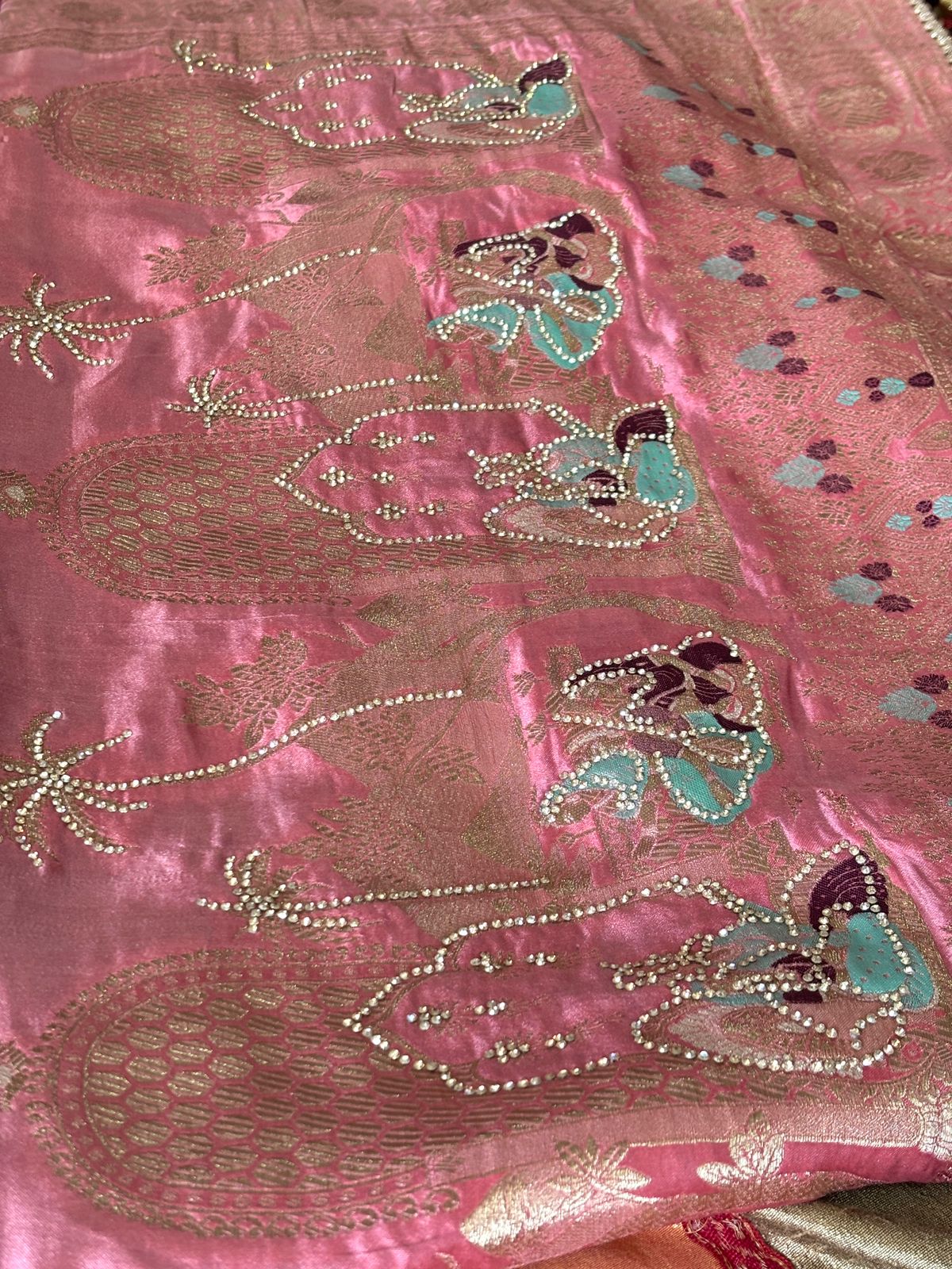 Designer Banarasi Satin Silk With Heavily Stone Embellished Palla, ornate blouse piece and Ready To Wear Saree