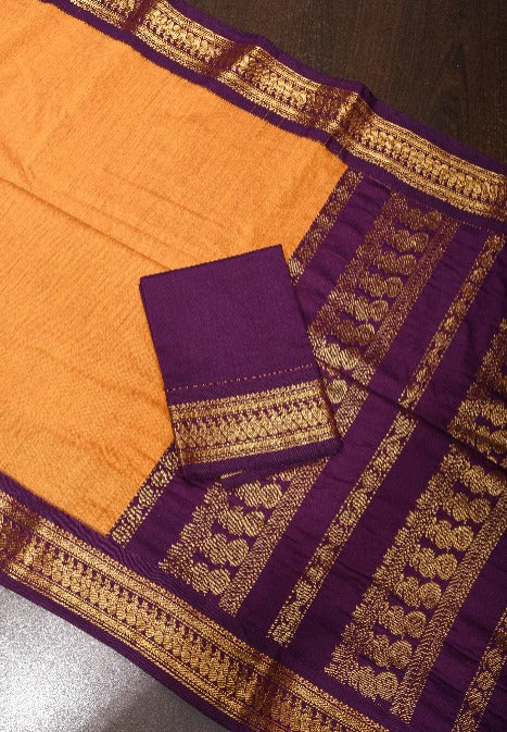 Pre Drape Ochre Cotton Silk Saree with Zari Woven Plum Contrast