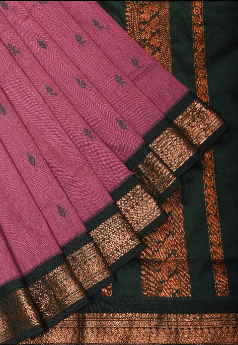 Pre Drape Onion Pink Onion Pink Saree with Zari borders and Black Contrast