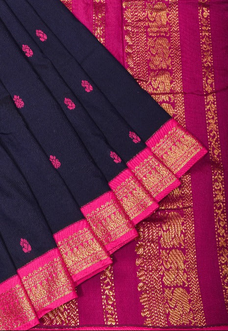 Pre Drape Blue Black Cotton Silk Saree with Pink Borders and Zari detailing