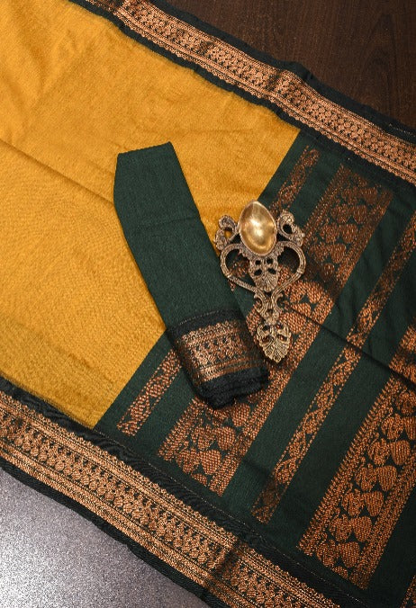 Pre Drape Methi Yellow Cotton Silk Saree with Zari borders and Green Contrast