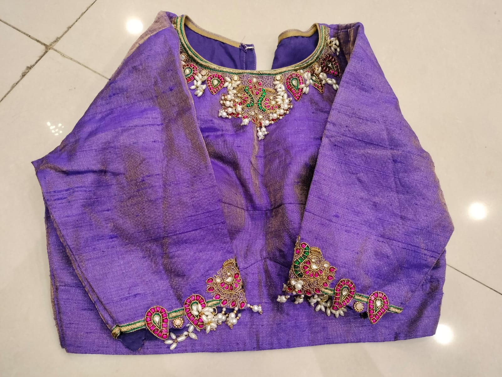 Guttapusalu and bajuband handwork on exotic Pure Tissue Raw Silk Blouse in Lilac