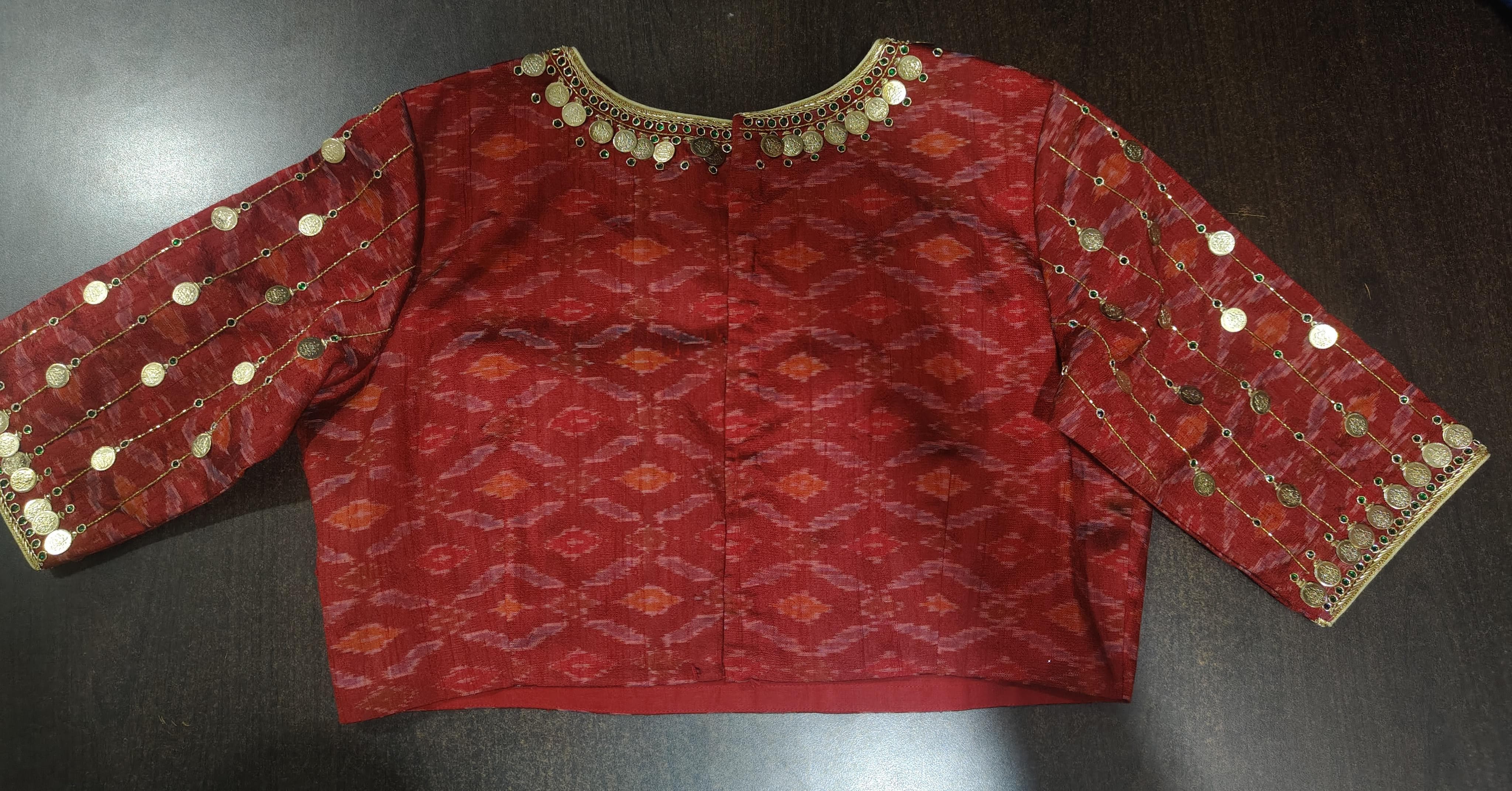 Lakshmi Kaasu Handwork on Woven Ikkat Pure Raw Silk Blouse in Red | Shobitam