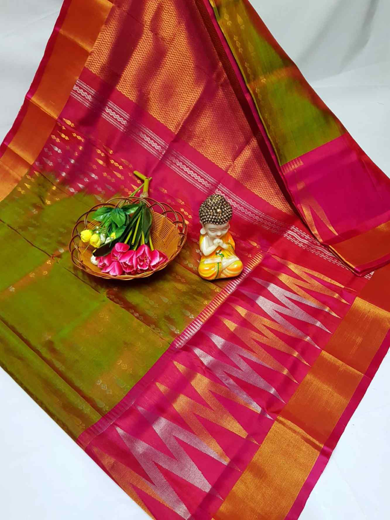 Uppada Pattu Anchulatha Temple Border  Pure Silk  Overall Zari Weave Predrape Saree