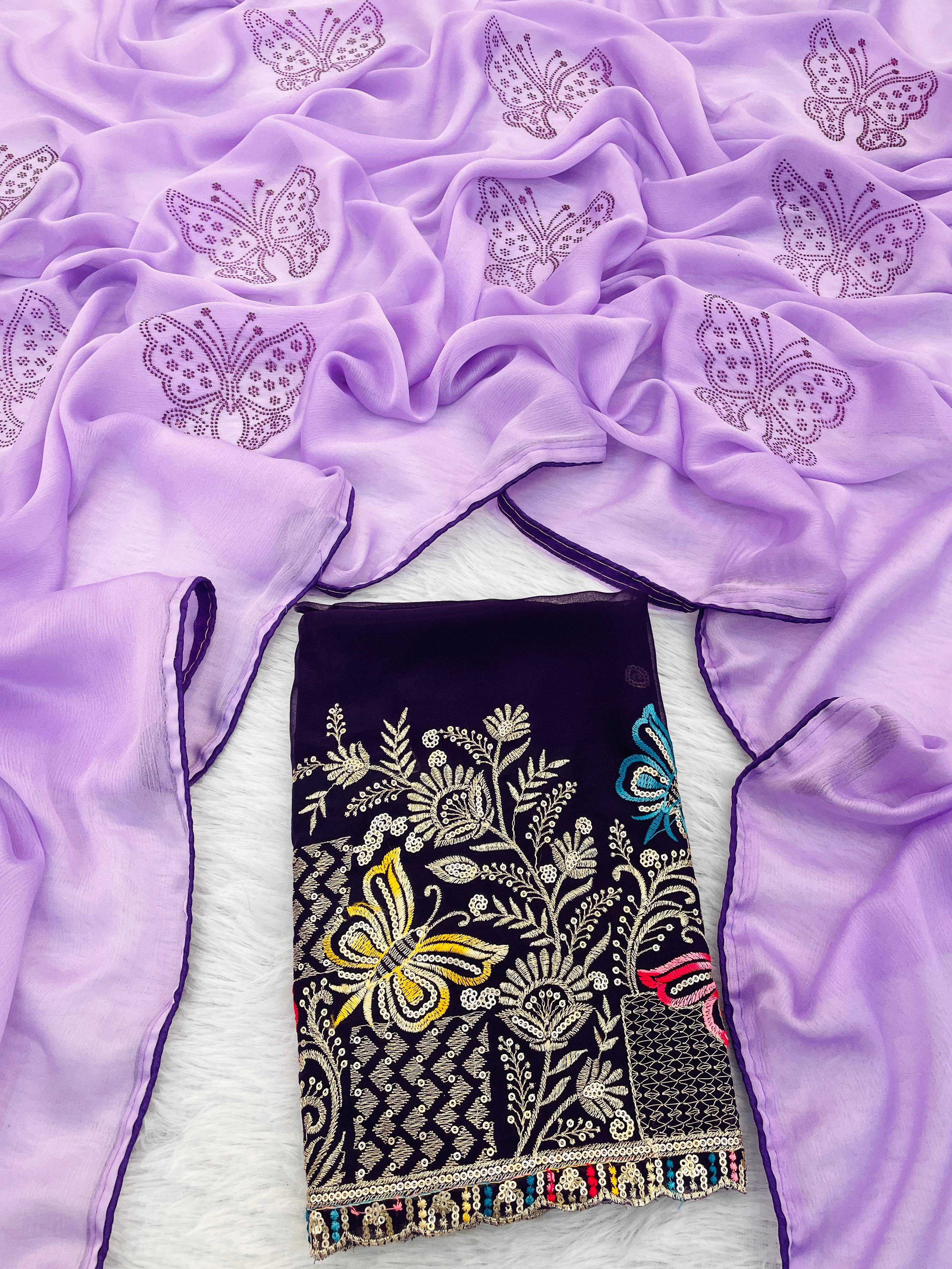 Lavender Toned Chiffon Saree with Multi-Thread Embroidered Blouse & Stone Embellished Saree