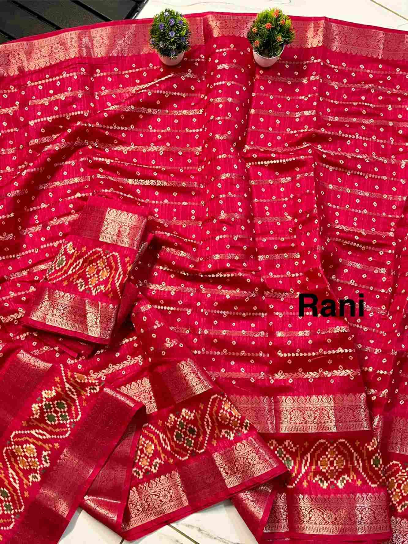 Bandhej Rani Pink Soft Cotton Silk with Zari Detail & Ikaat Border 1 Minute Saree