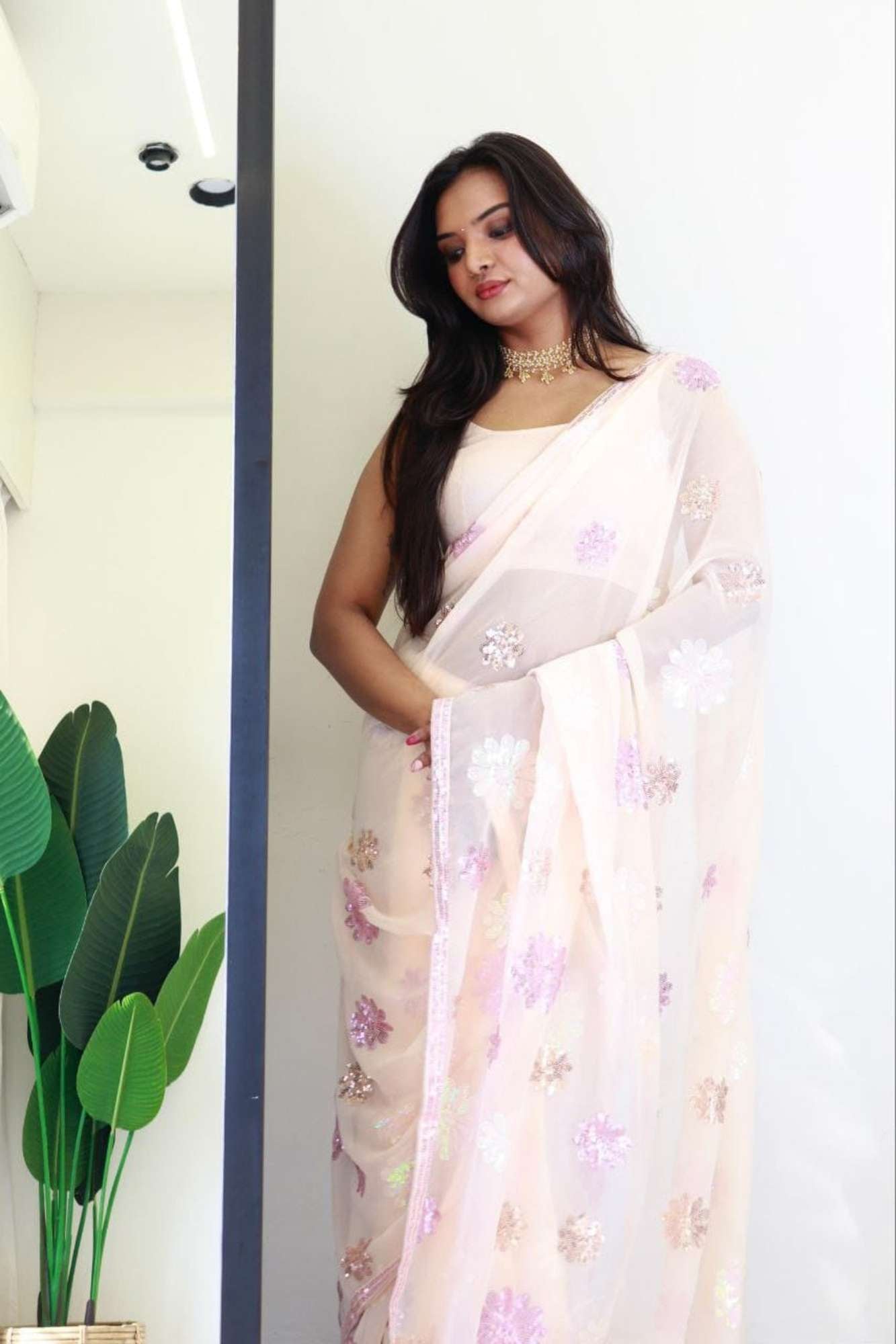 Party Wear Pastel Georgette floral sequence work with  lace border 1 Minute Saree