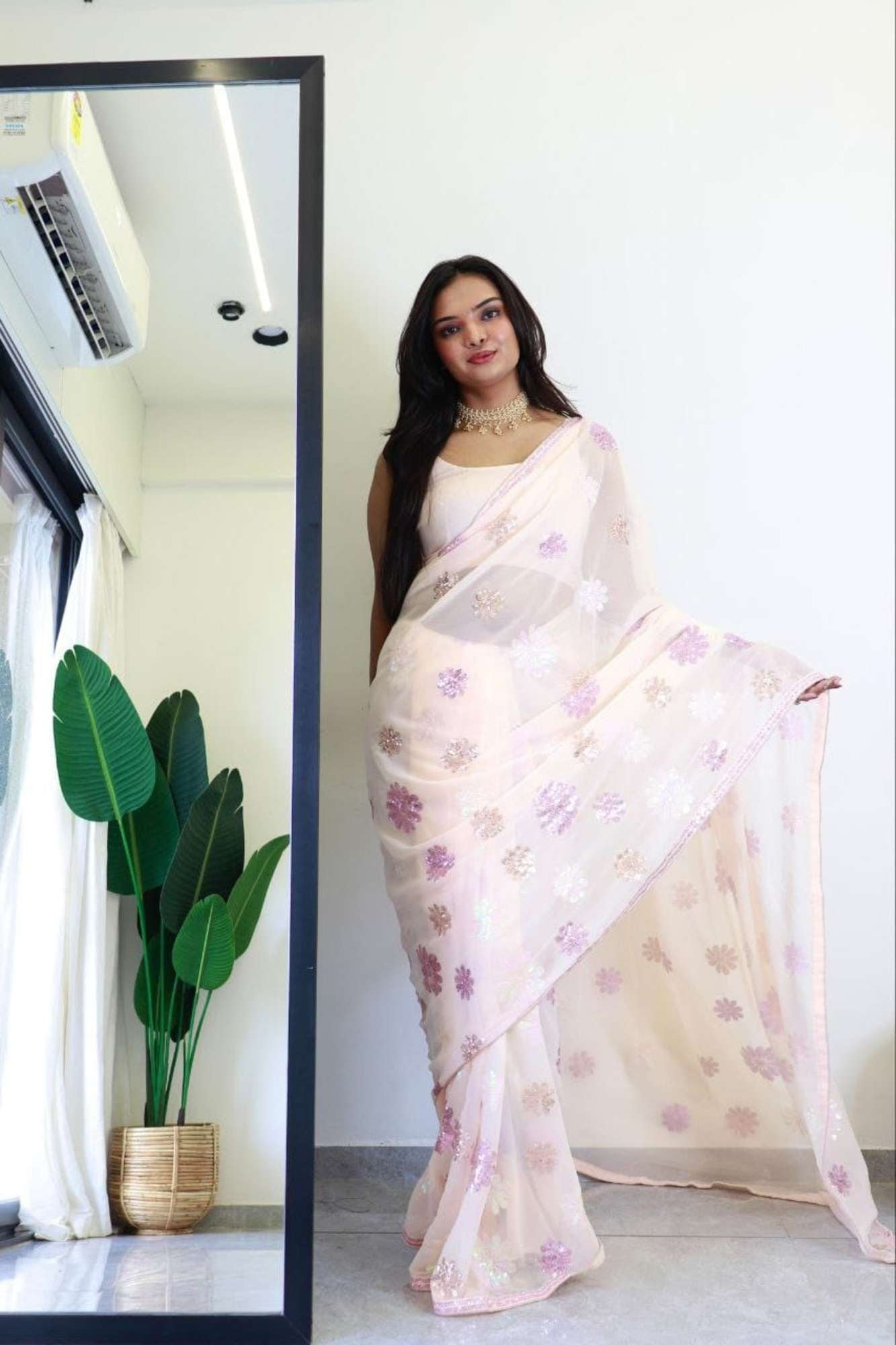 Party Wear Pastel Georgette floral sequence work with  lace border 1 Minute Saree