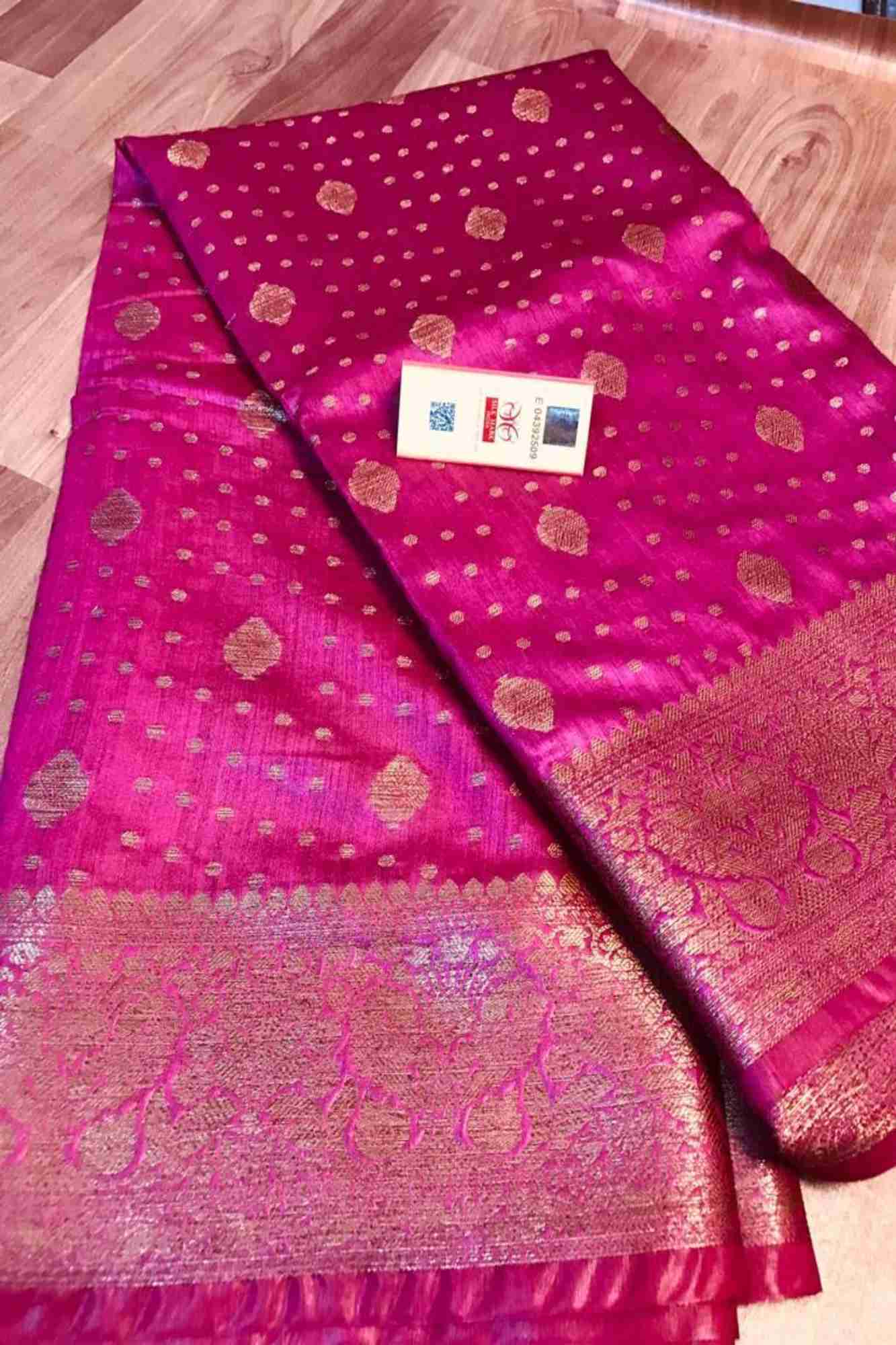 Pure Munga Tussar Silk with Meenakari Butta Work Overall & Banarasi Border Pre Pleated Saree