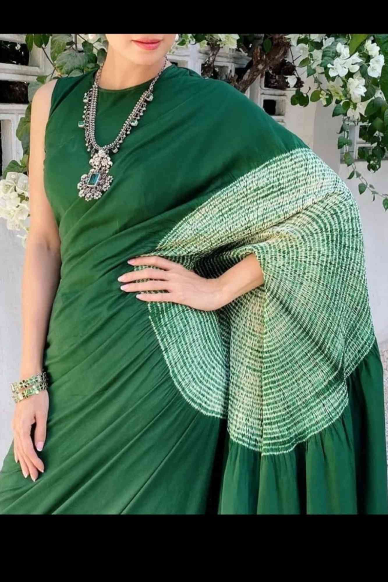 Pre drape Hand Shibori mandala Dye on Green Modal Silk And Tassel On Pallu saree