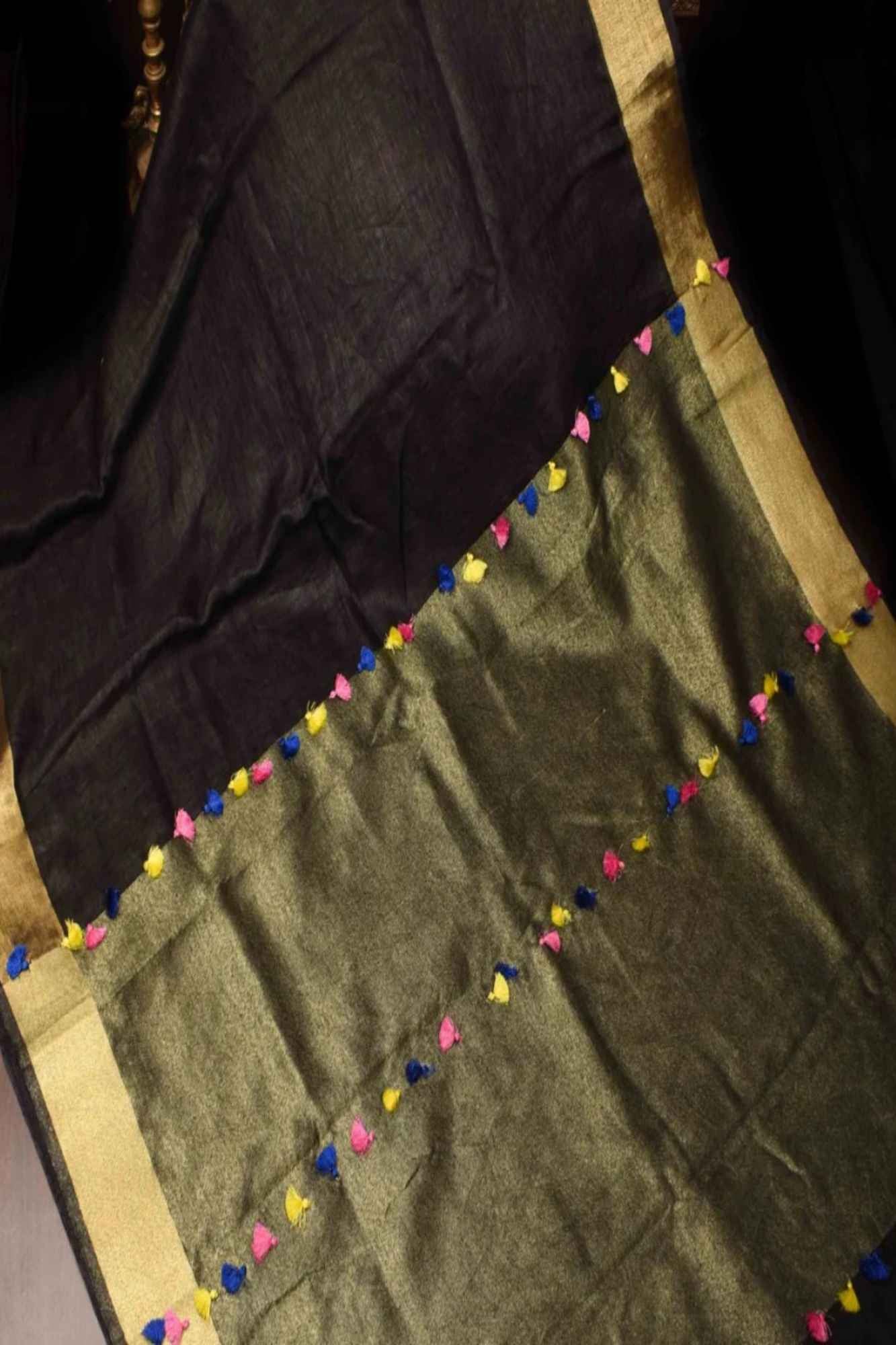 Ready To Wear Black Linen Saree with zari border and multicolor Tassel on pallu ( No Blouse Piece )