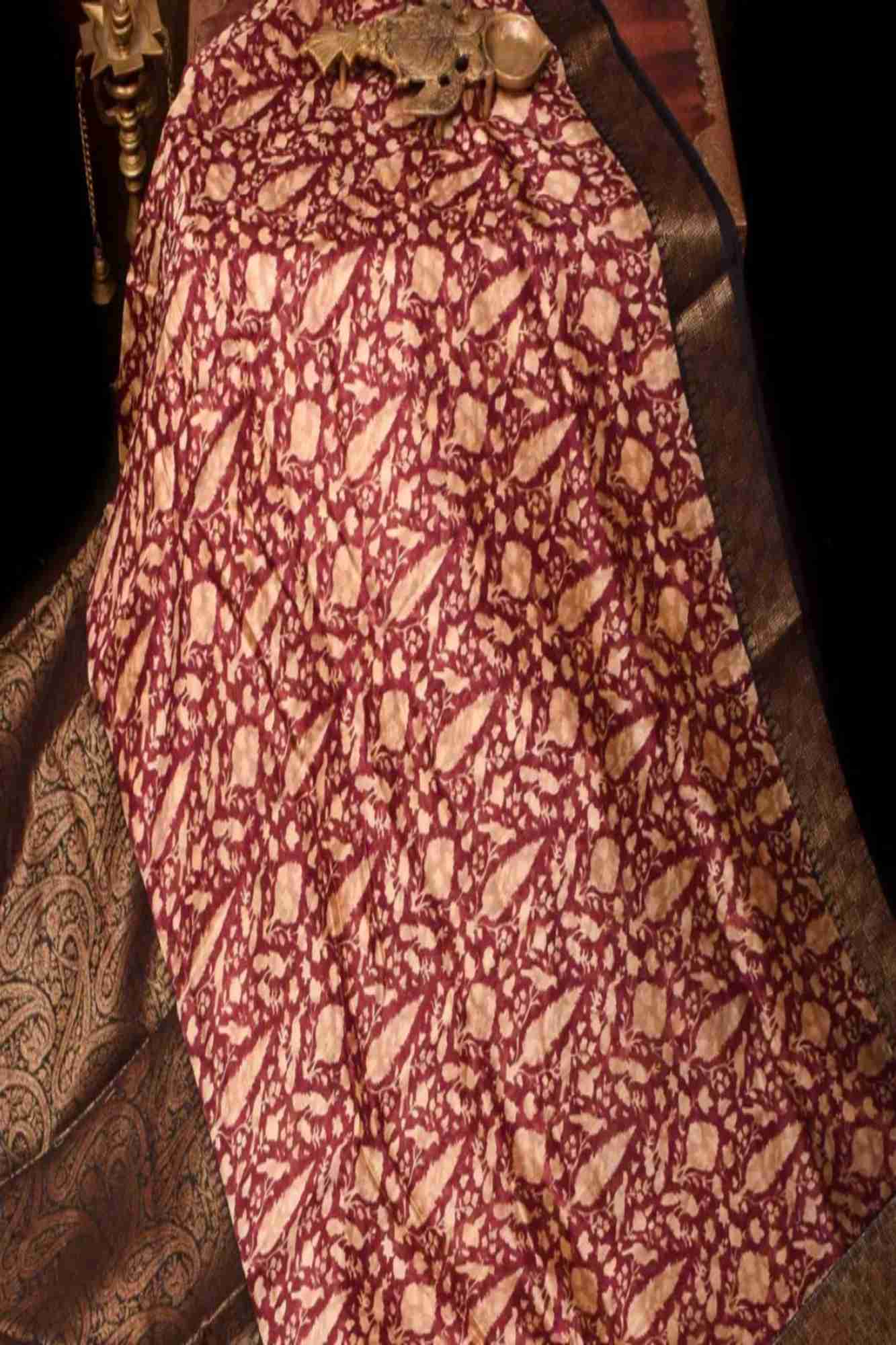 Ready To Wear Chanderi Cotton Saree in Burgundy with Floral Digital Print and Antique Wide Zari Border