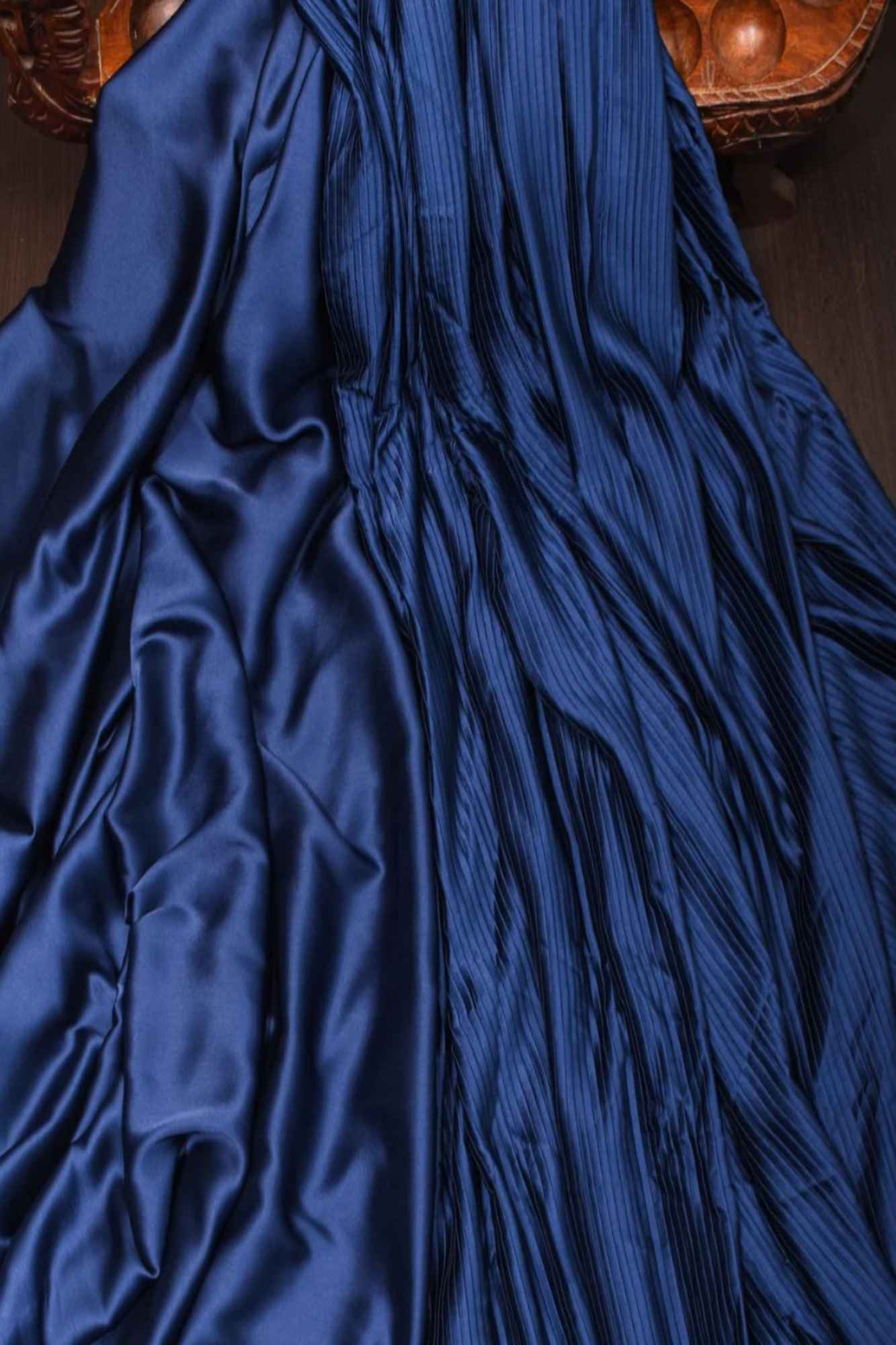 Ready To Wear Pleated Satin in shades of Dark Sapphire Blue Half and Half Saree, No Blouse Piece