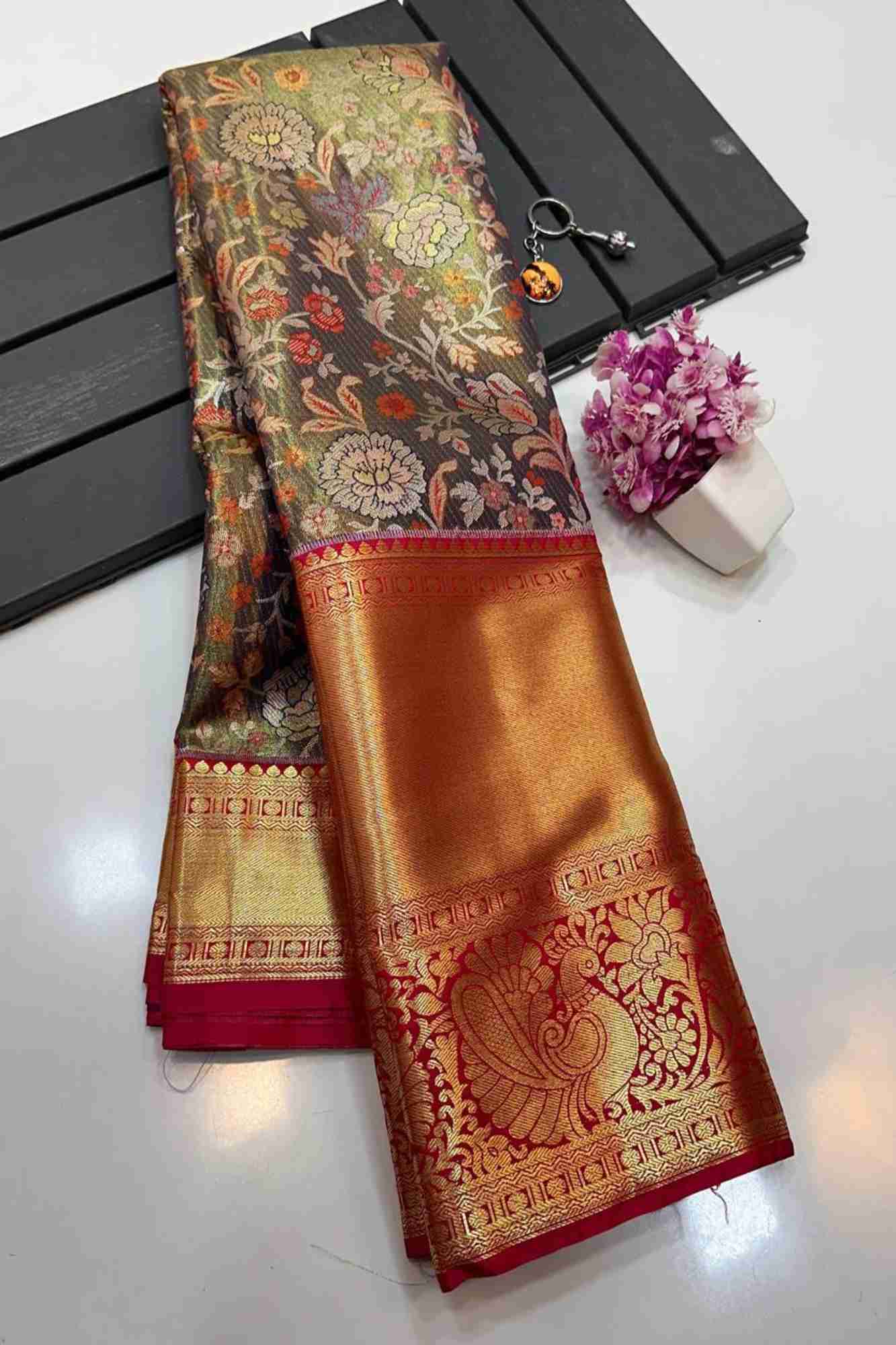 Kanchi Pattu broad border with dhoop chaanv & temple inspired motifs Wrap in 1 minute Saree