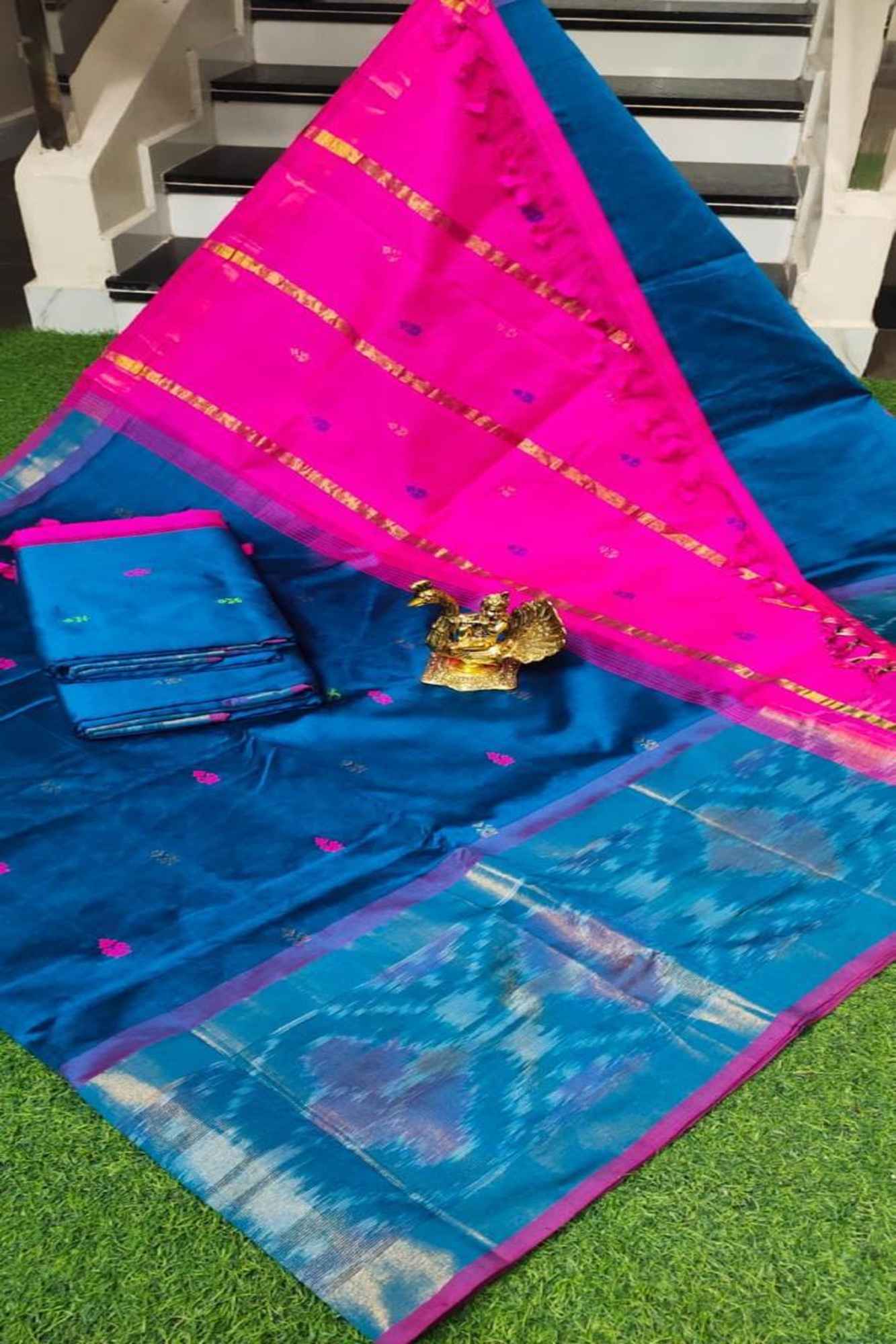 Blue & Pink Tripura Silk with Nakshatra  buta handloom & Pochampalli ikat border Wrap in 1 Minute Saree