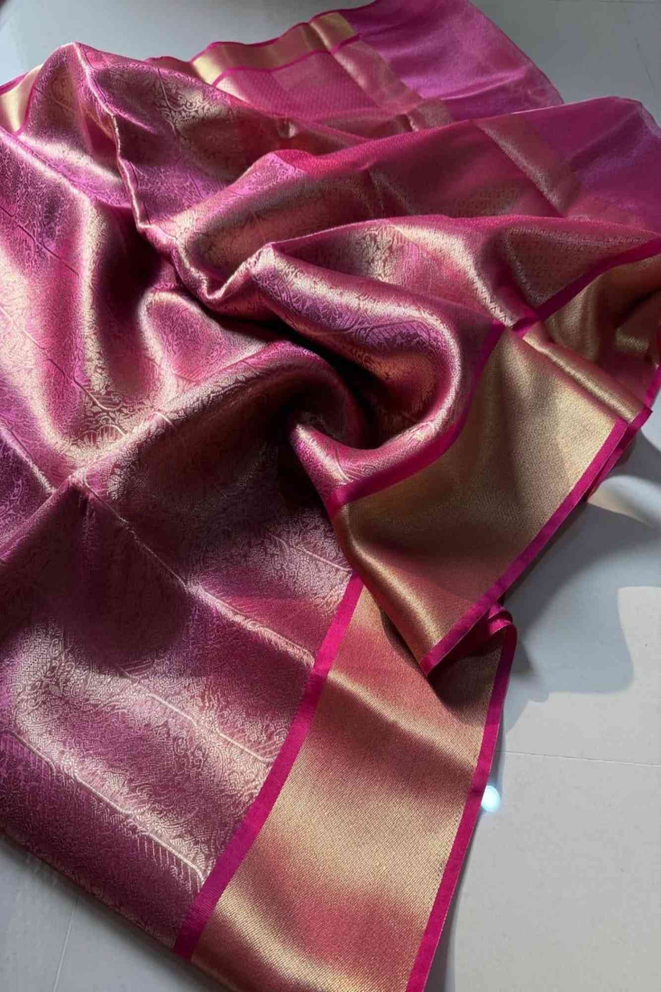 Gorgeous Banarasi Soft Tissue Silk with all over zari weaving & Opulent Embroidery Wrap in 1 Minute Saree