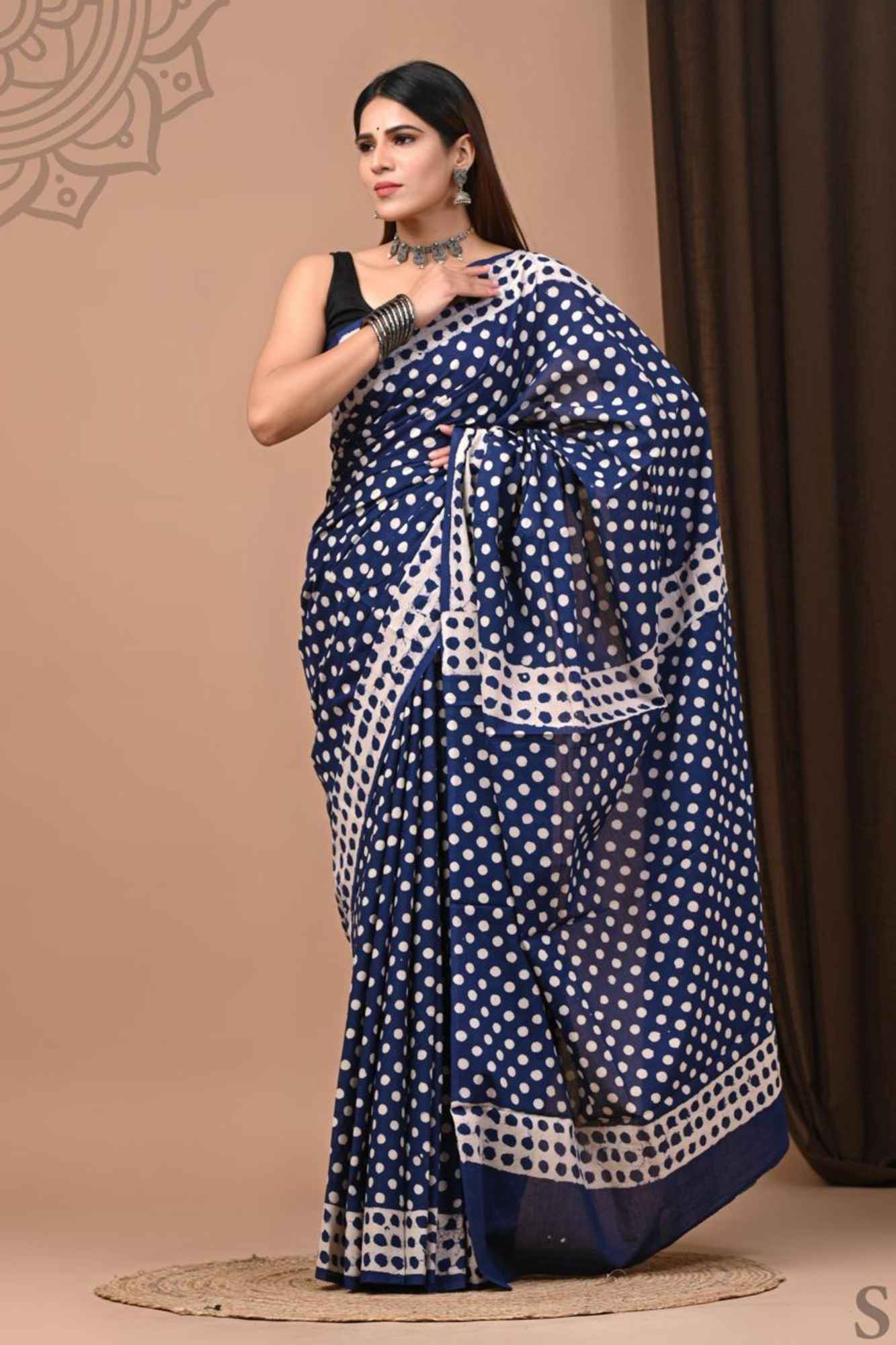 Indigo mulmul cotton ready to wear saree