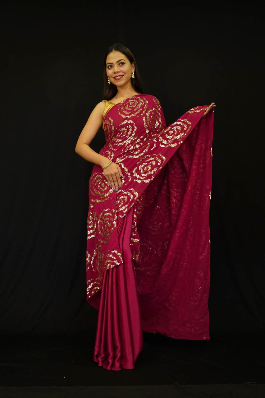 Gorgeous Pink  Crepe Half & Half with  Roses sequinned work Wrap in 1 Minute Saree