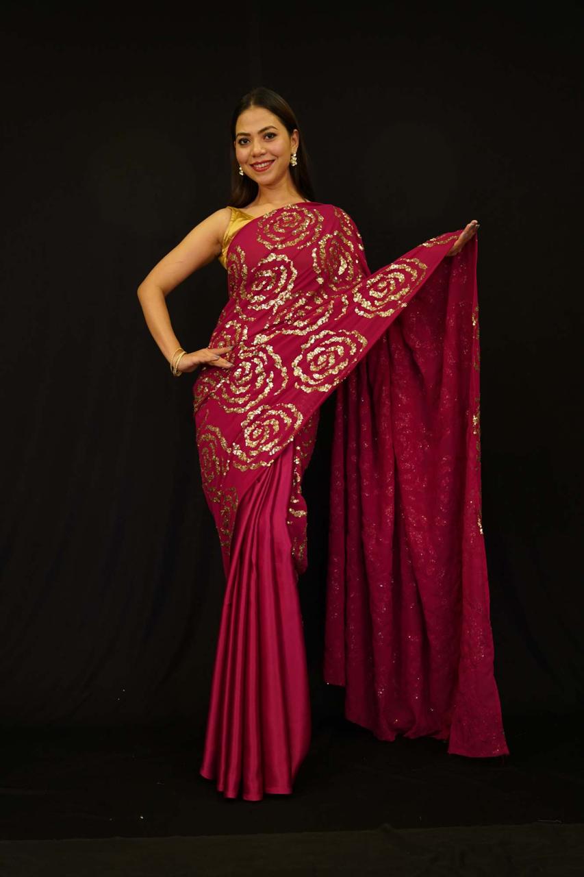 Gorgeous Pink  Crepe Half & Half with  Roses sequinned work Wrap in 1 Minute Saree