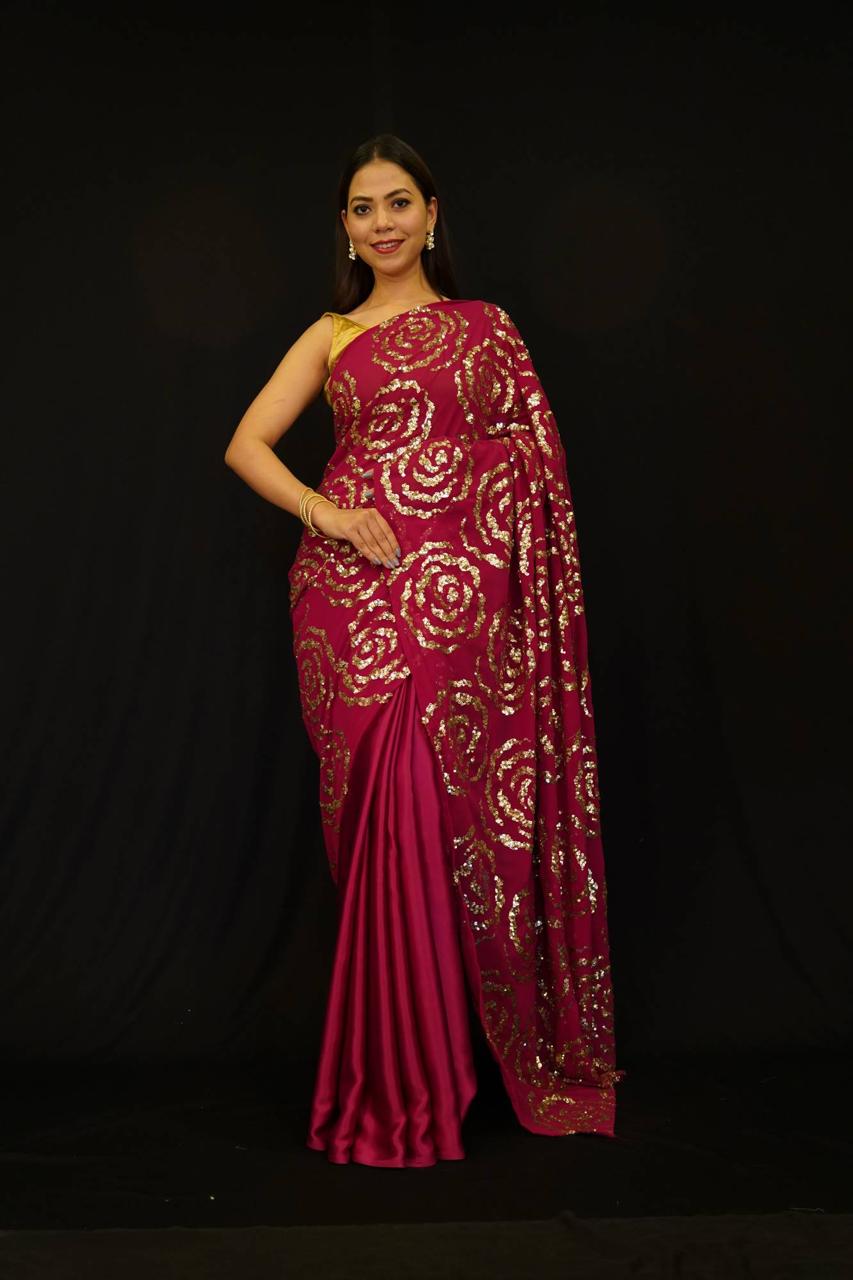 Gorgeous Pink  Crepe Half & Half with  Roses sequinned work Wrap in 1 Minute Saree