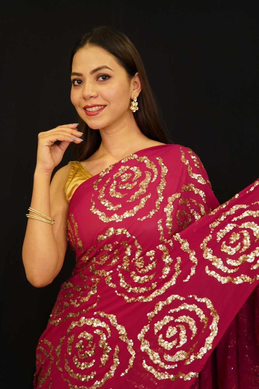 Gorgeous Pink  Crepe Half & Half with  Roses sequinned work Wrap in 1 Minute Saree