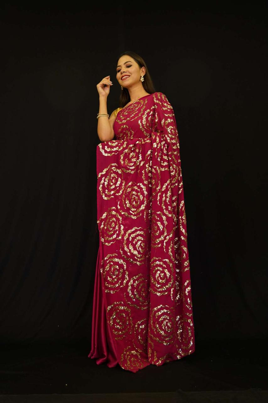 Gorgeous Pink  Crepe Half & Half with  Roses sequinned work Wrap in 1 Minute Saree