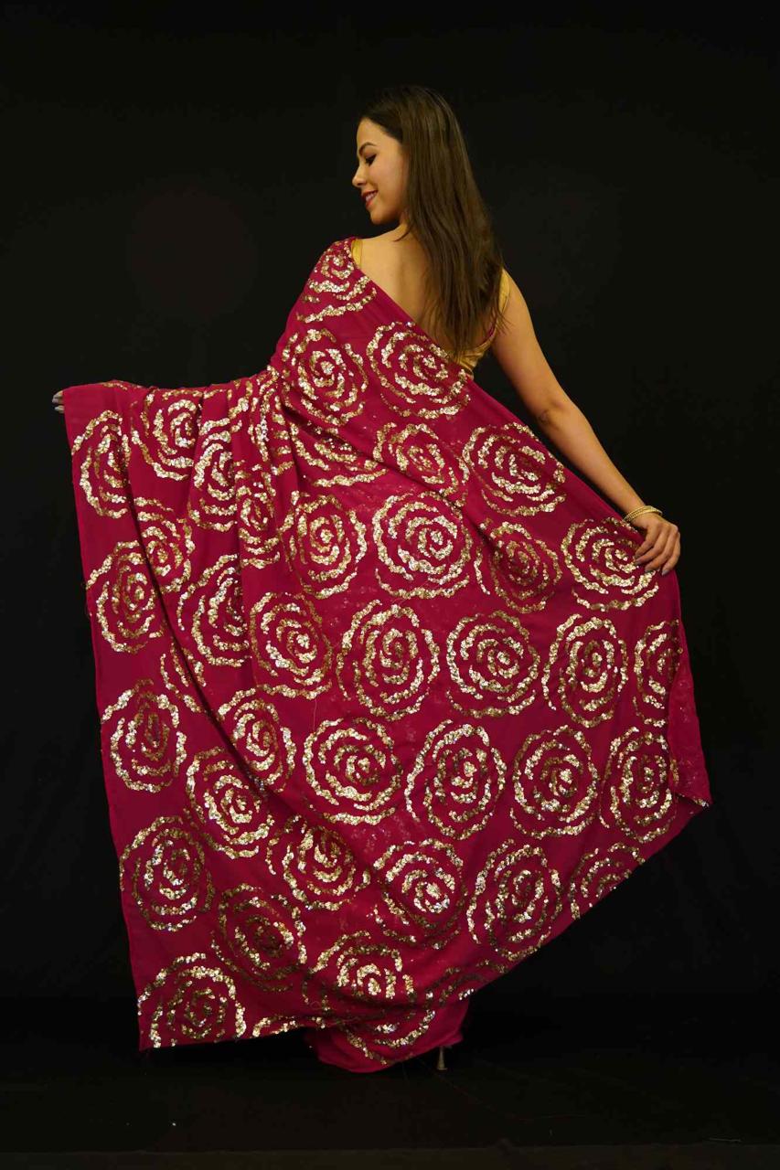 Gorgeous Pink  Crepe Half & Half with  Roses sequinned work Wrap in 1 Minute Saree