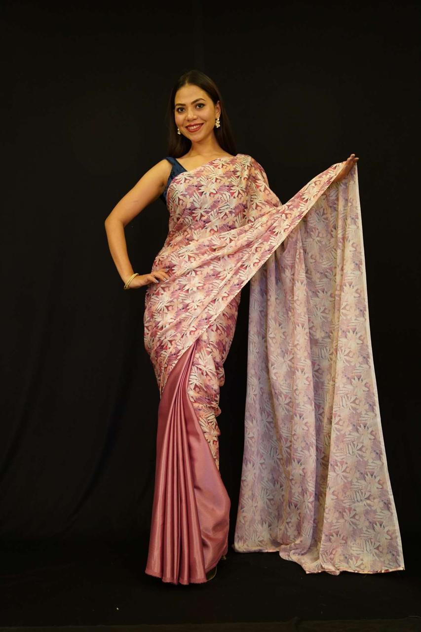 Ready to wear Satin And Floral Printed Half & Half Designer prestitched Saree