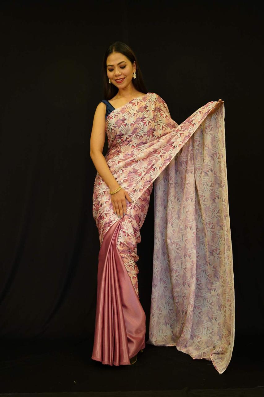 Ready to wear Satin And Floral Printed Half & Half Designer prestitched Saree