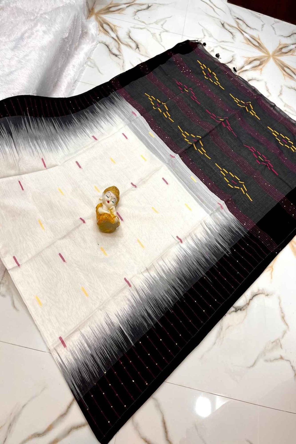 Handloom Cotton Kothi with Ikkat & Temple Border in Black & White Comb